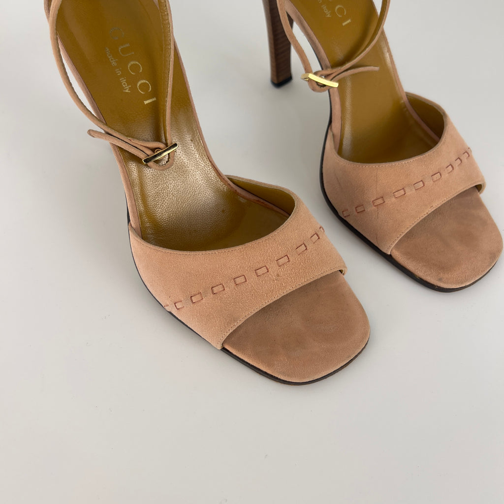 Gucci | Dusty Baby Pink Suede Leather Top Stitch Ankle Wrap Heels (7C / 37)