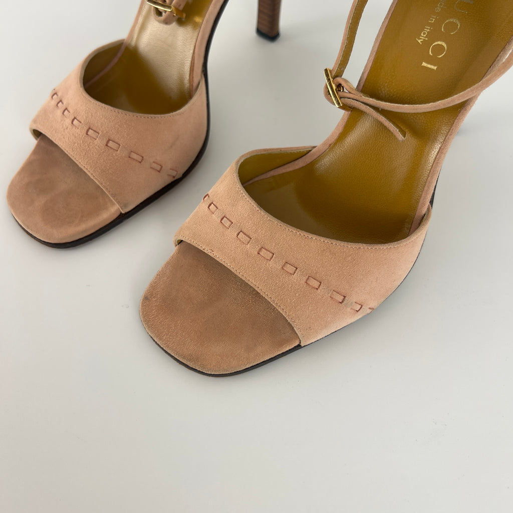 Gucci | Dusty Baby Pink Suede Leather Top Stitch Ankle Wrap Heels (7C / 37)