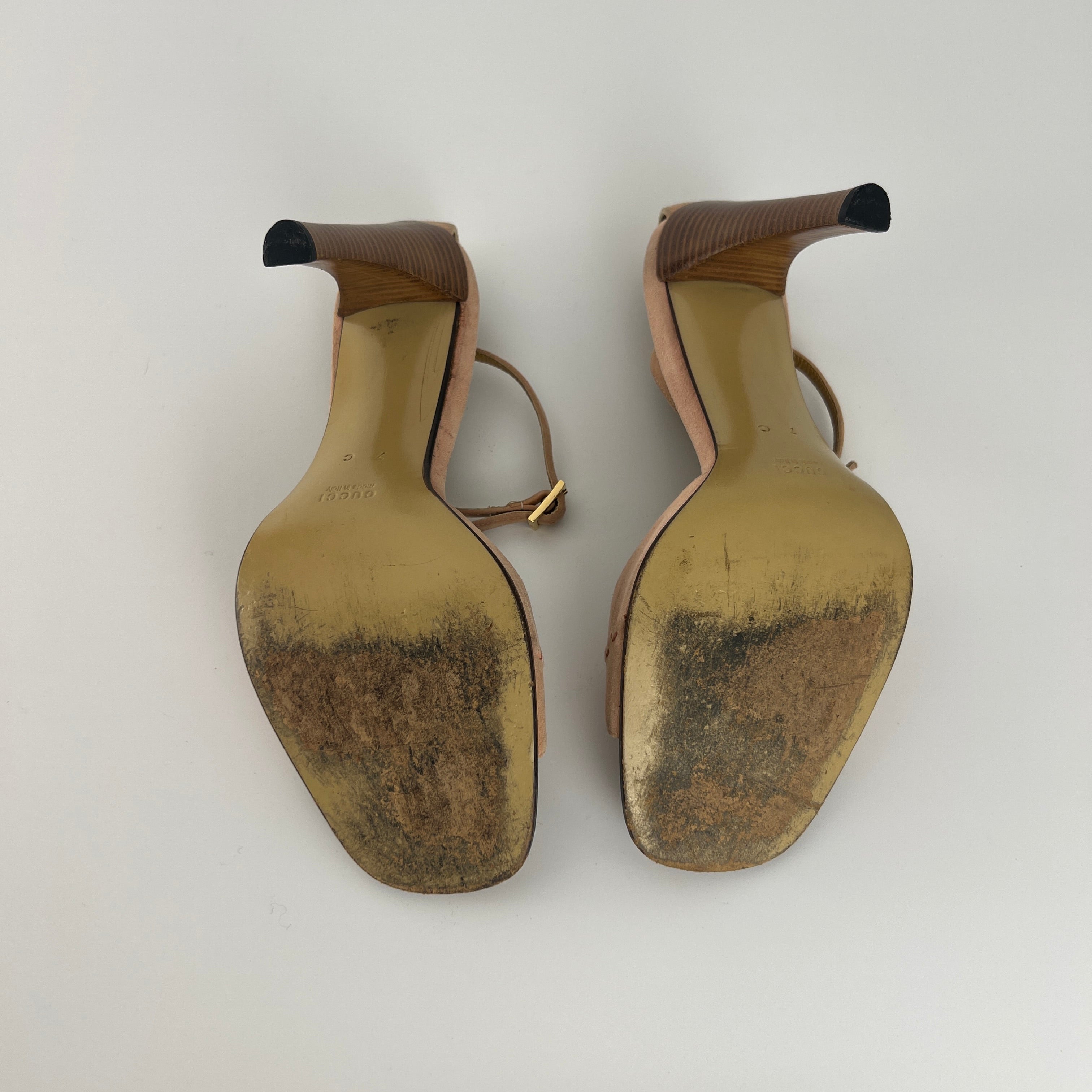 Gucci | Dusty Baby Pink Suede Leather Top Stitch Ankle Wrap Heels (7C / 37)