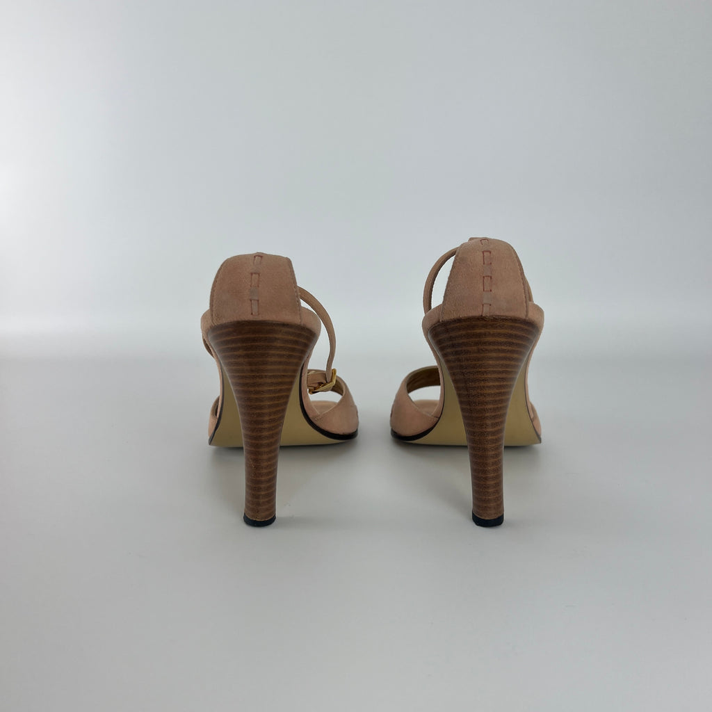 Gucci | Dusty Baby Pink Suede Leather Top Stitch Ankle Wrap Heels (7C / 37)