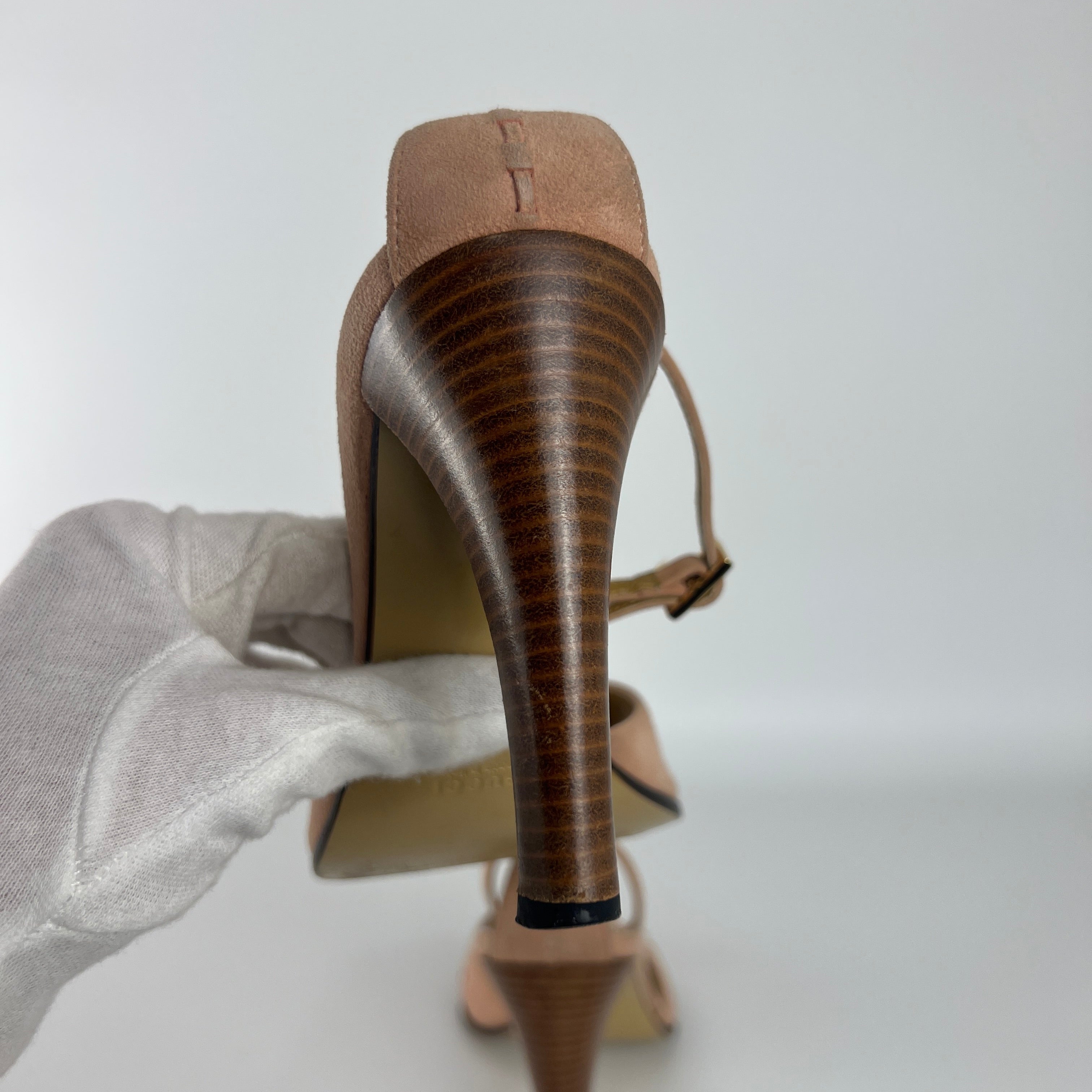 Gucci | Dusty Baby Pink Suede Leather Top Stitch Ankle Wrap Heels (7C / 37)