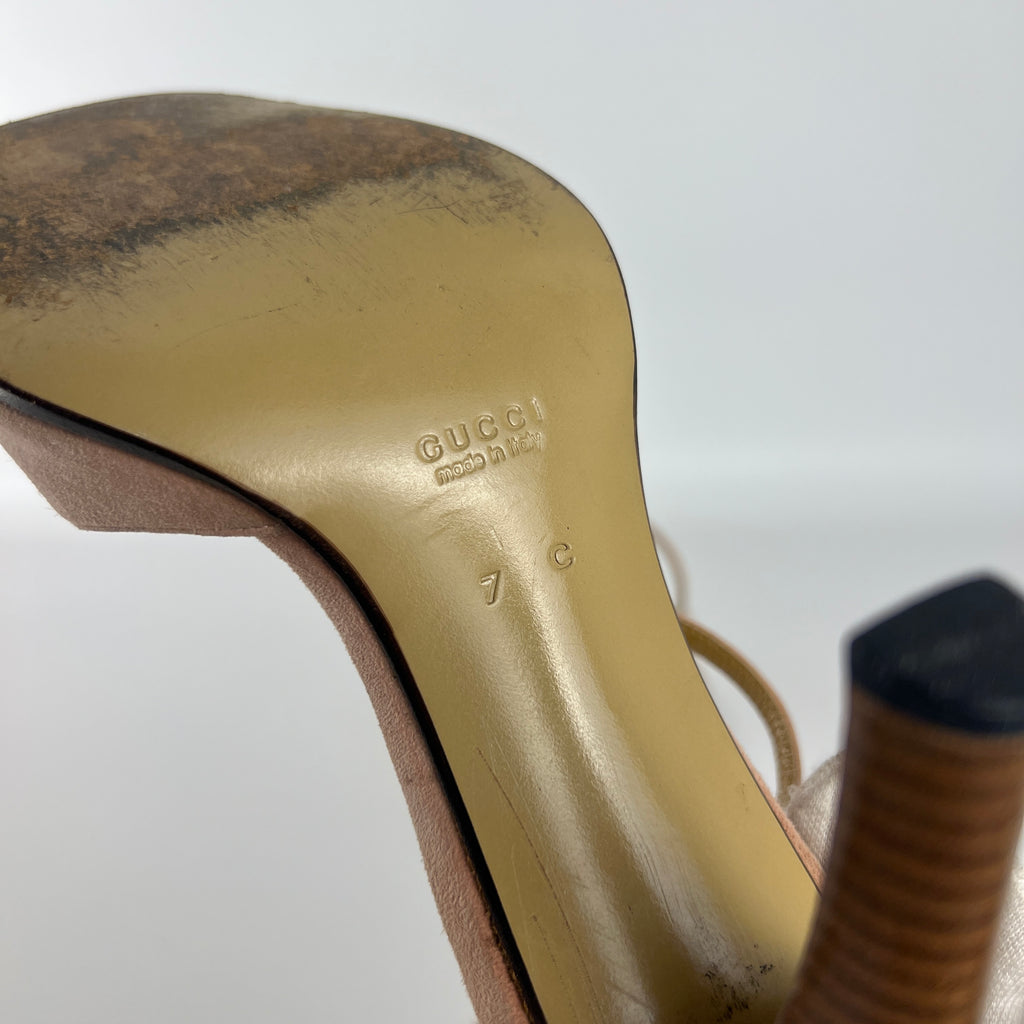 Gucci | Dusty Baby Pink Suede Leather Top Stitch Ankle Wrap Heels (7C / 37)