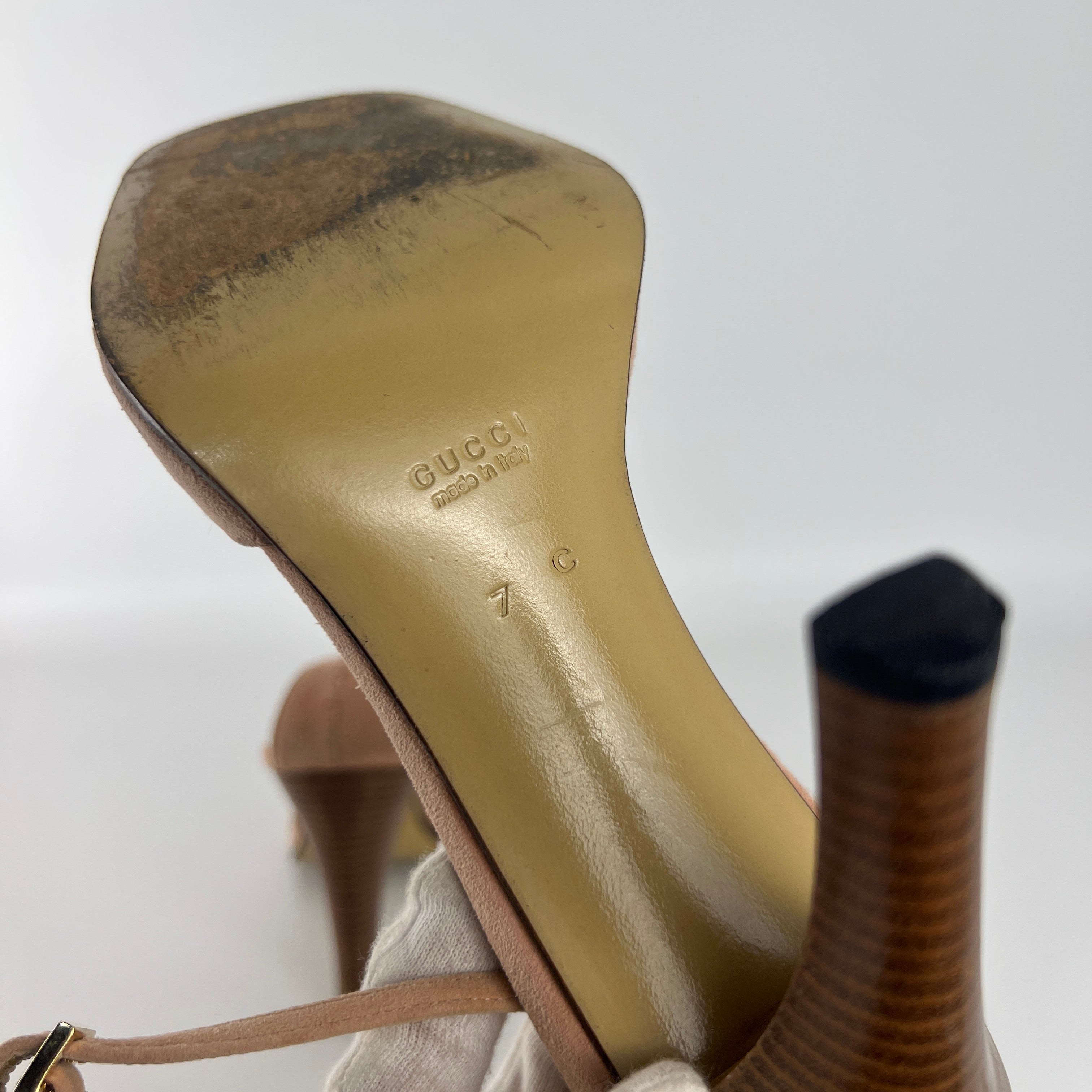 Gucci | Dusty Baby Pink Suede Leather Top Stitch Ankle Wrap Heels (7C / 37)
