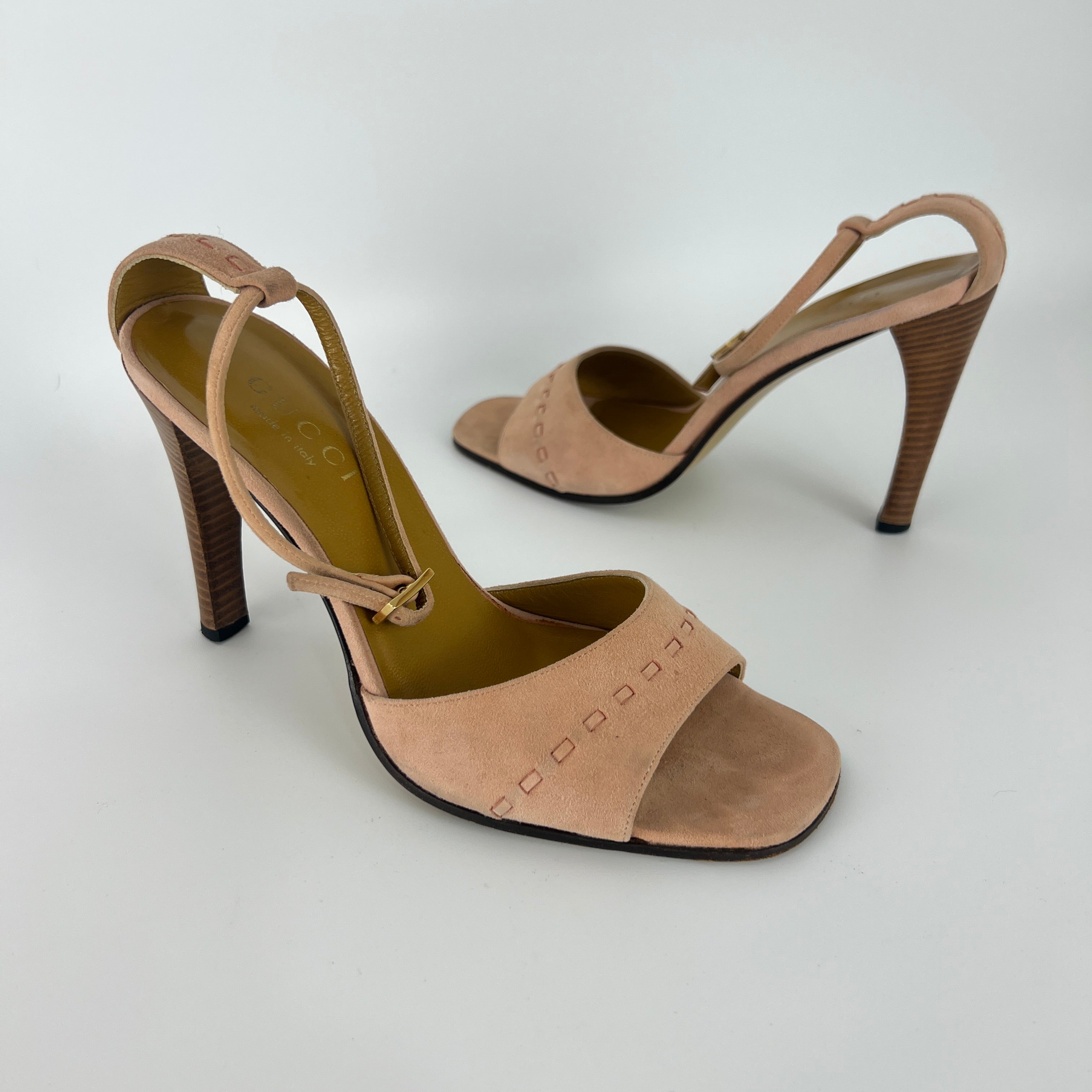 Gucci | Dusty Baby Pink Suede Leather Top Stitch Ankle Wrap Heels (7C / 37)