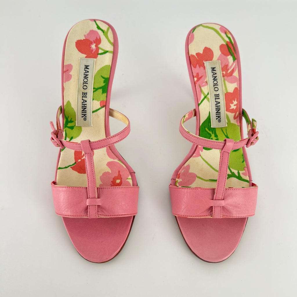 Manolo Blahnik | Floral Insole Pink Leather Dual Strap Dainty Buckle Heels (36)