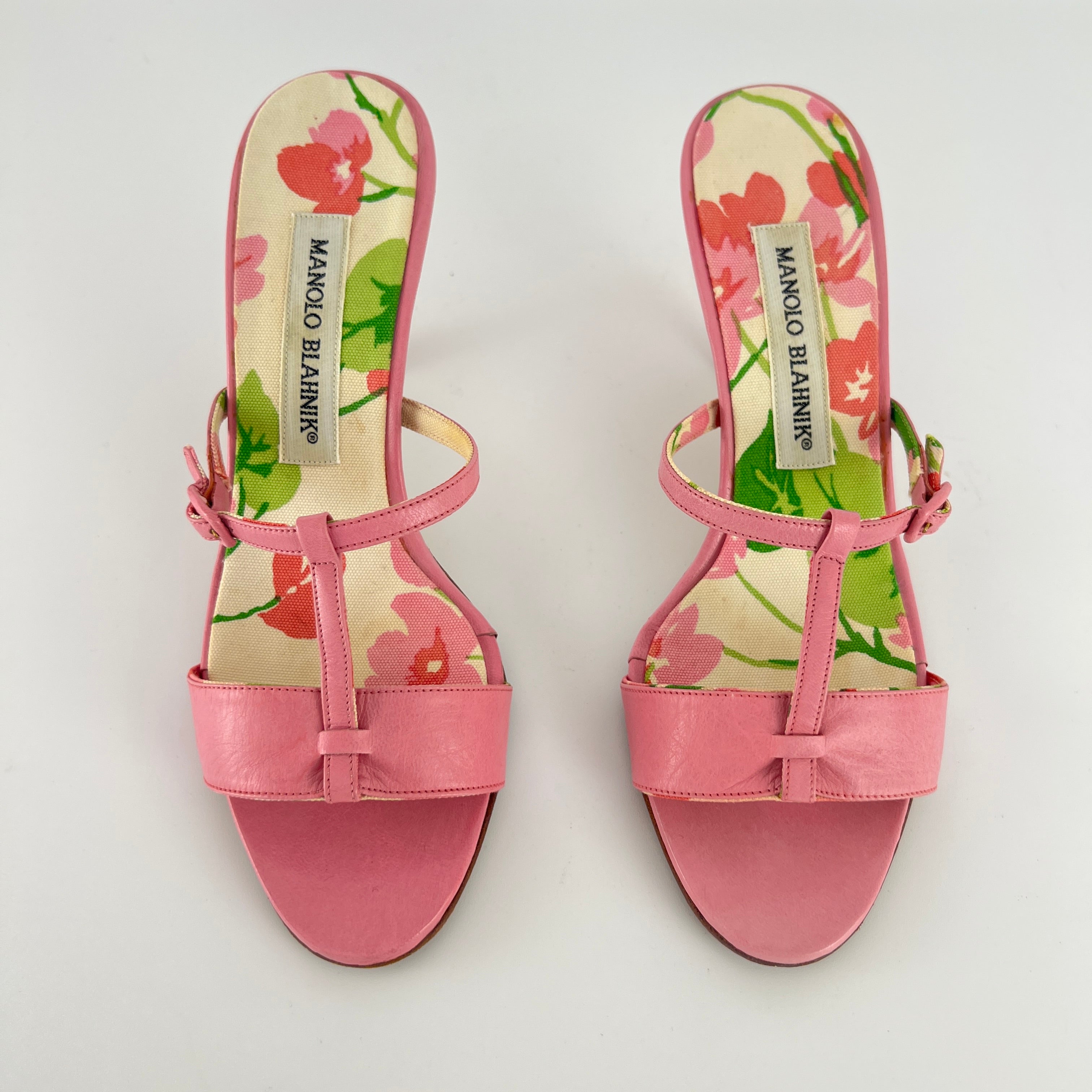 Manolo Blahnik | Floral Insole Pink Leather Dual Strap Dainty Buckle Heels (36)