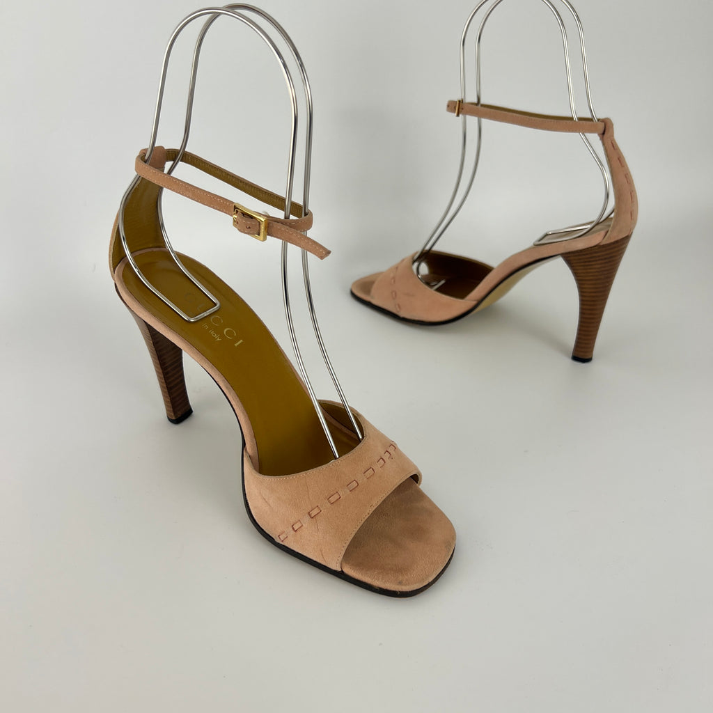 Gucci | Dusty Baby Pink Suede Leather Top Stitch Ankle Wrap Heels (7C / 37)