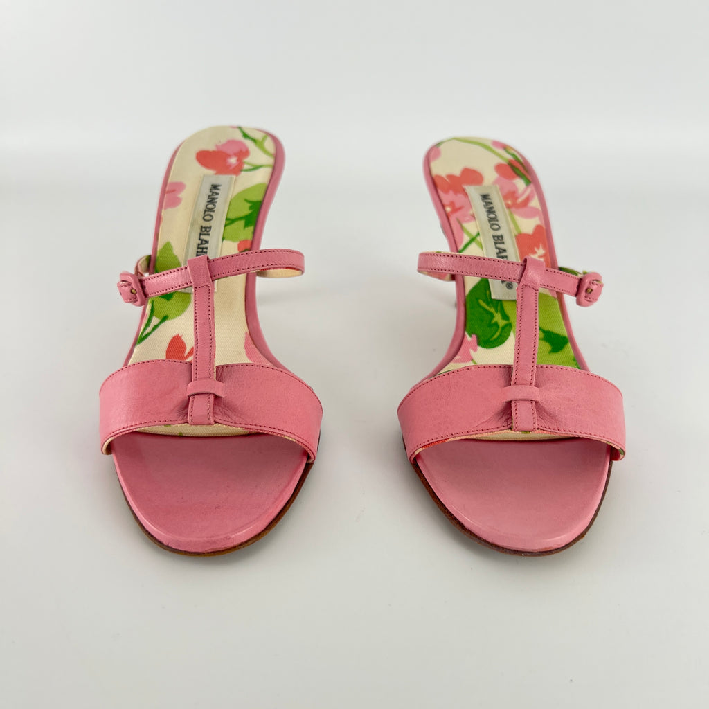 Manolo Blahnik | Floral Insole Pink Leather Dual Strap Dainty Buckle Heels (36)