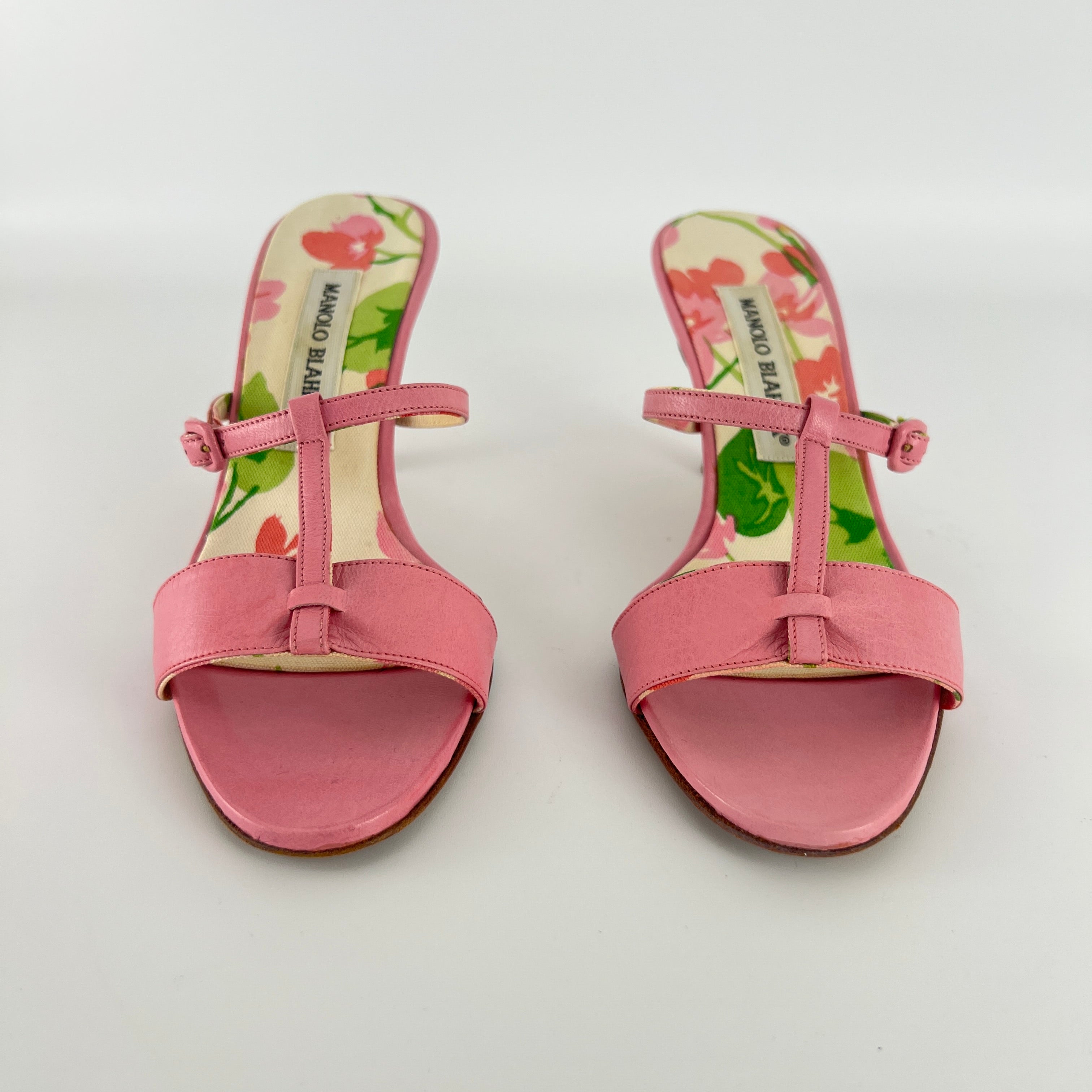 Manolo Blahnik | Floral Insole Pink Leather Dual Strap Dainty Buckle Heels (36)