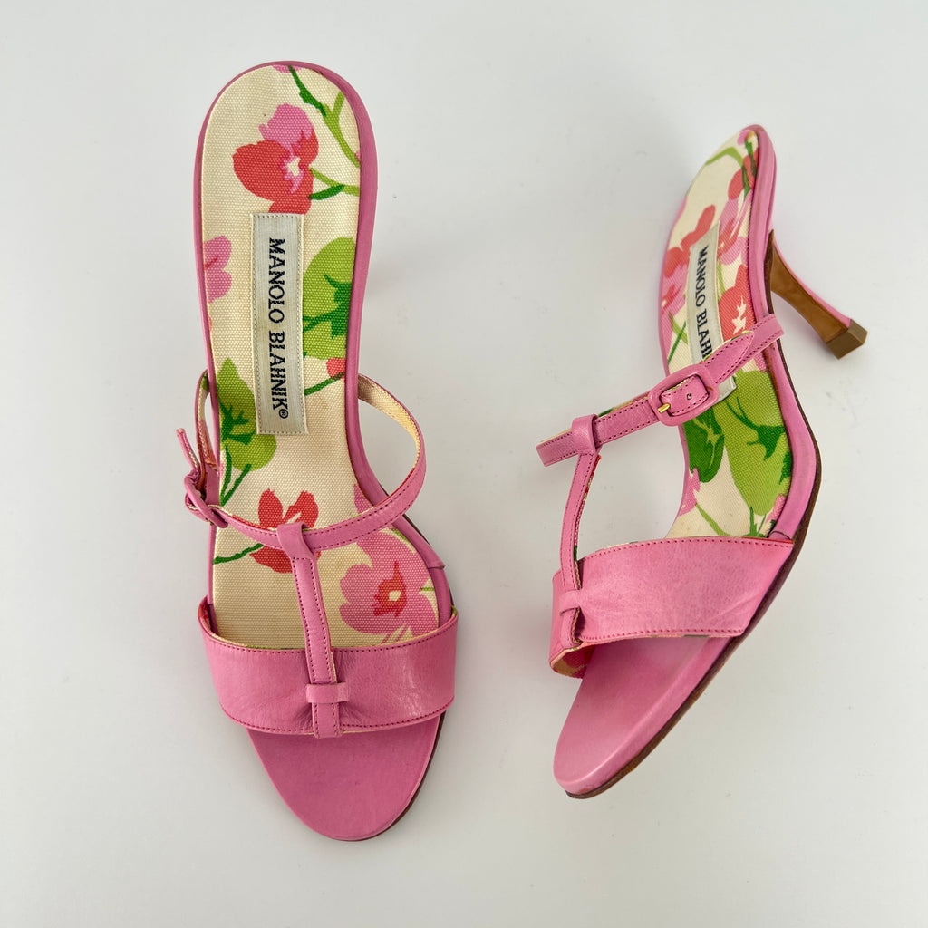 Manolo Blahnik | Floral Insole Pink Leather Dual Strap Dainty Buckle Heels (36)