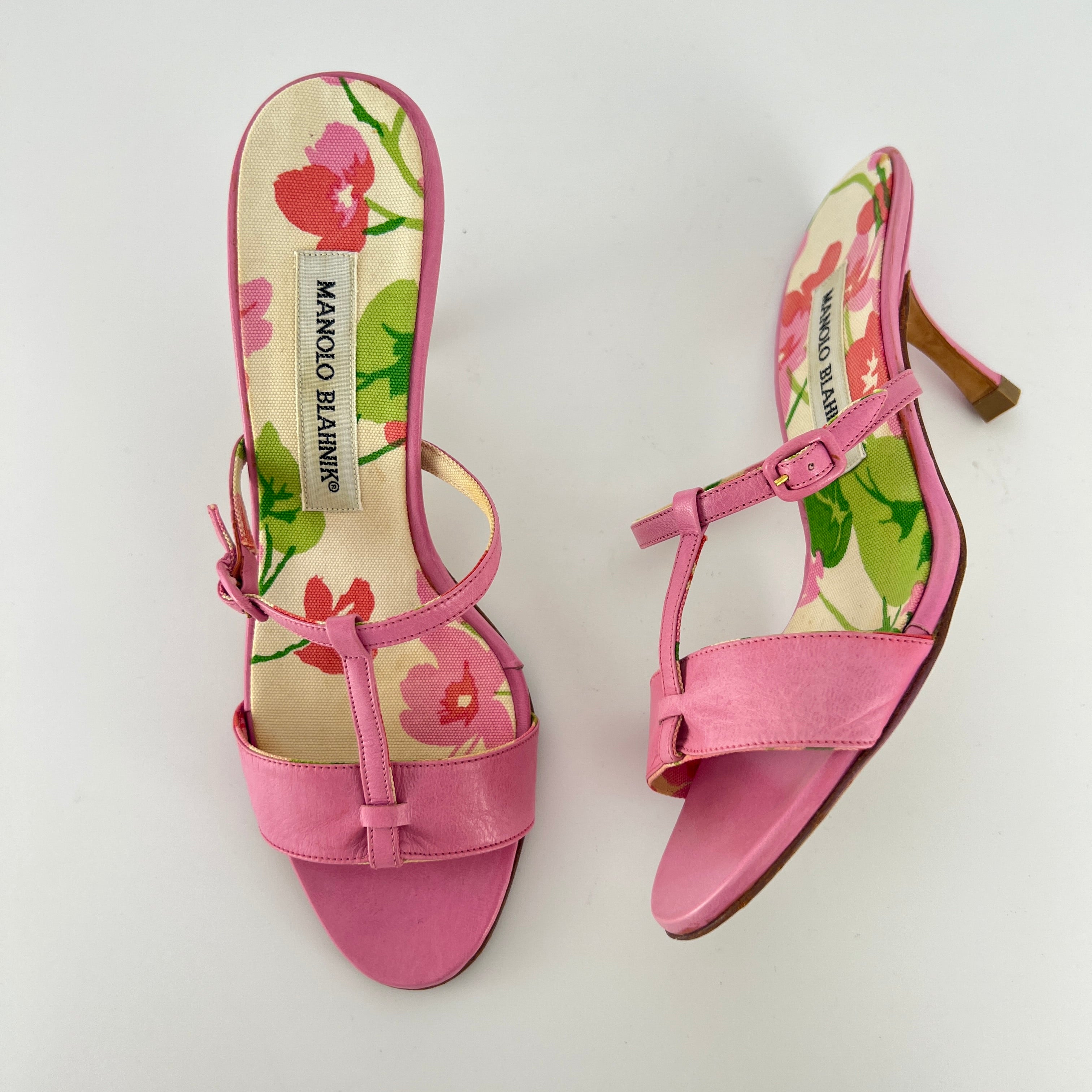 Manolo Blahnik | Floral Insole Pink Leather Dual Strap Dainty Buckle Heels (36)
