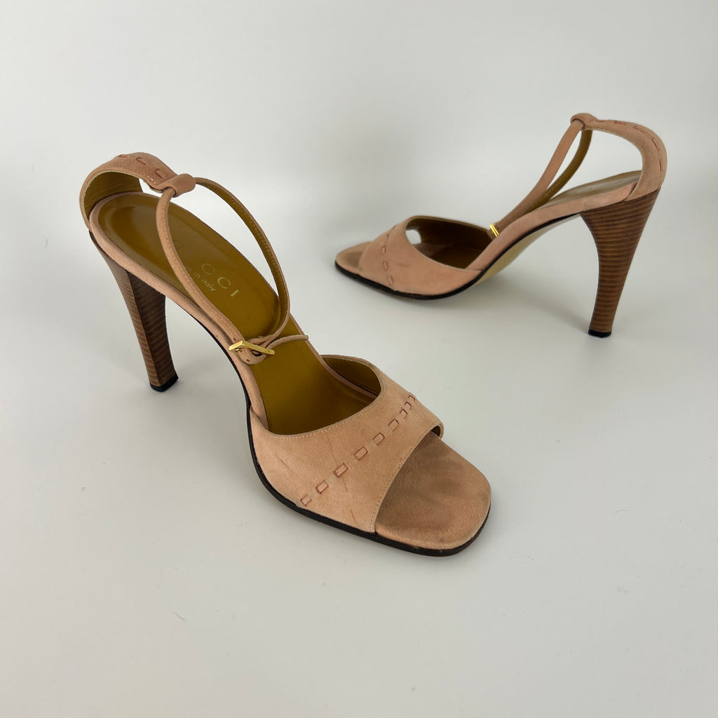 Gucci | Dusty Baby Pink Suede Leather Top Stitch Ankle Wrap Heels (7C / 37)