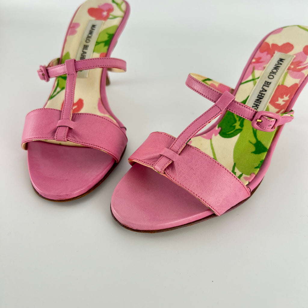 Manolo Blahnik | Floral Insole Pink Leather Dual Strap Dainty Buckle Heels (36)