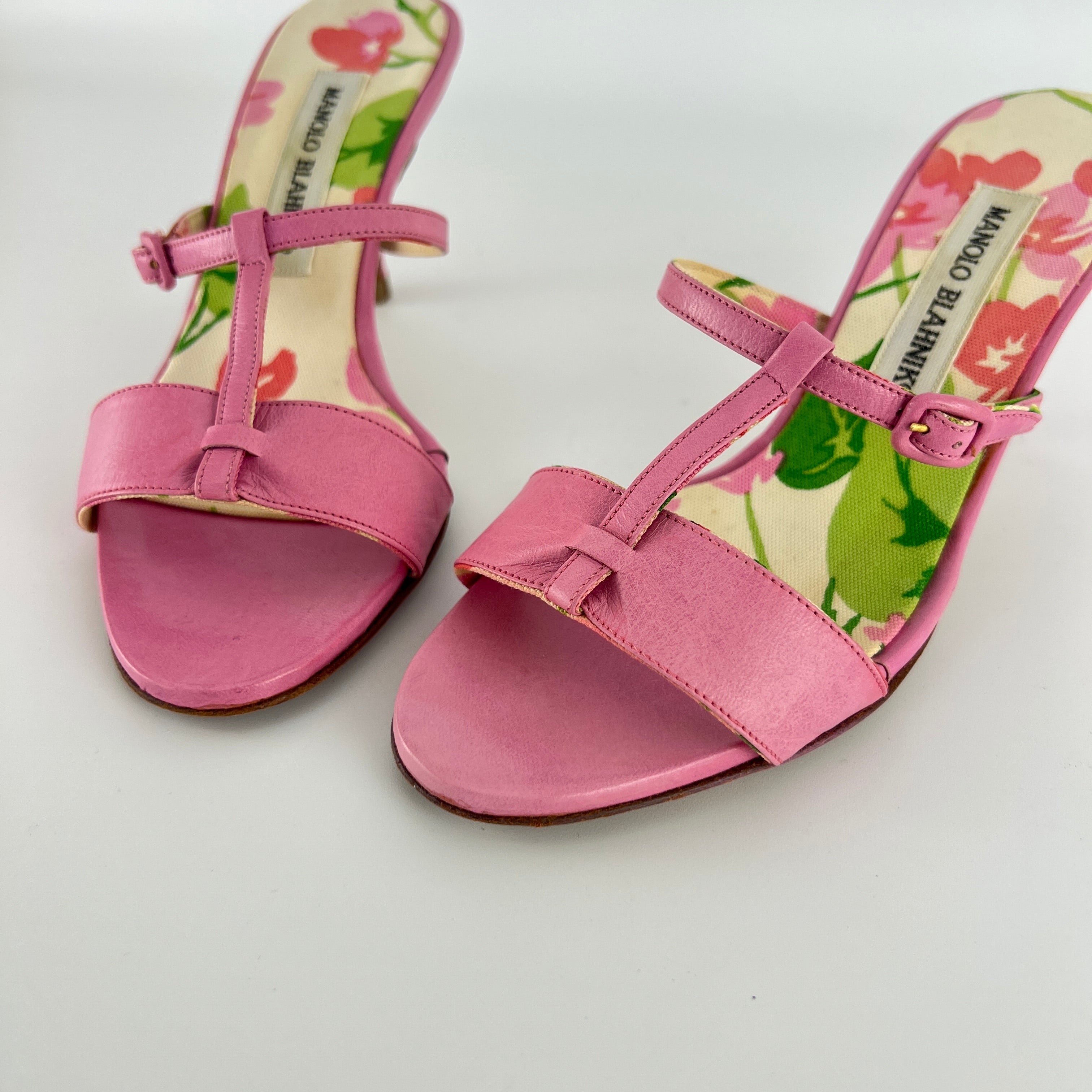 Manolo Blahnik | Floral Insole Pink Leather Dual Strap Dainty Buckle Heels (36)