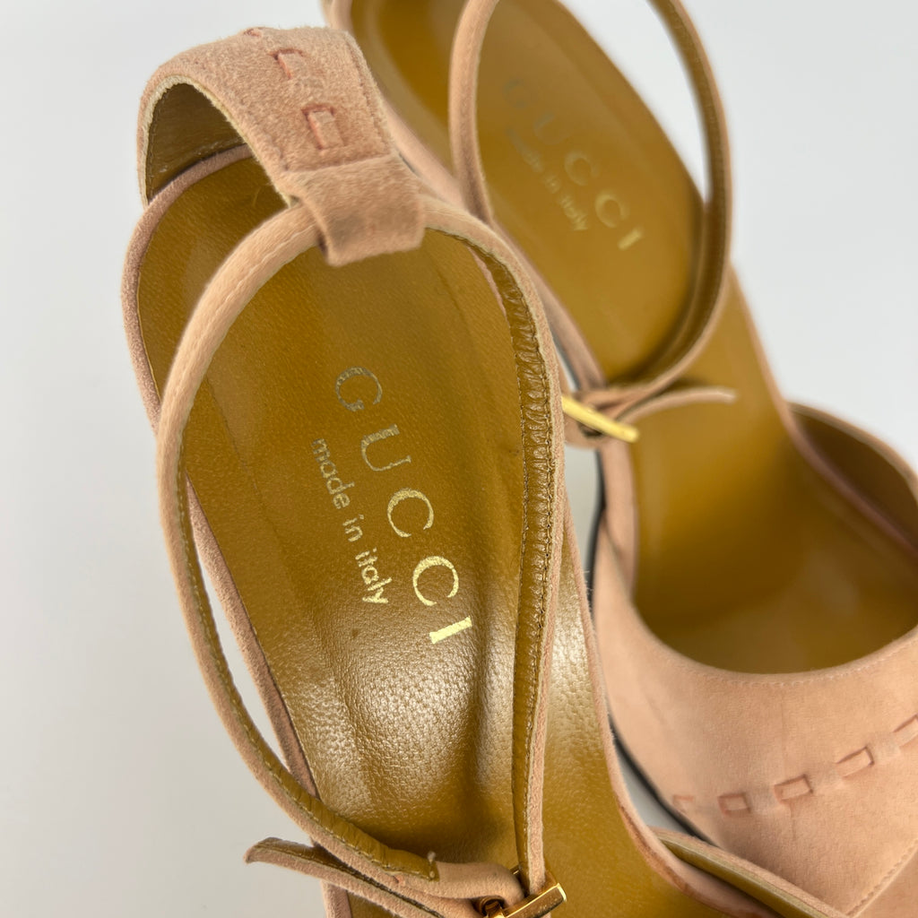 Gucci | Dusty Baby Pink Suede Leather Top Stitch Ankle Wrap Heels (7C / 37)