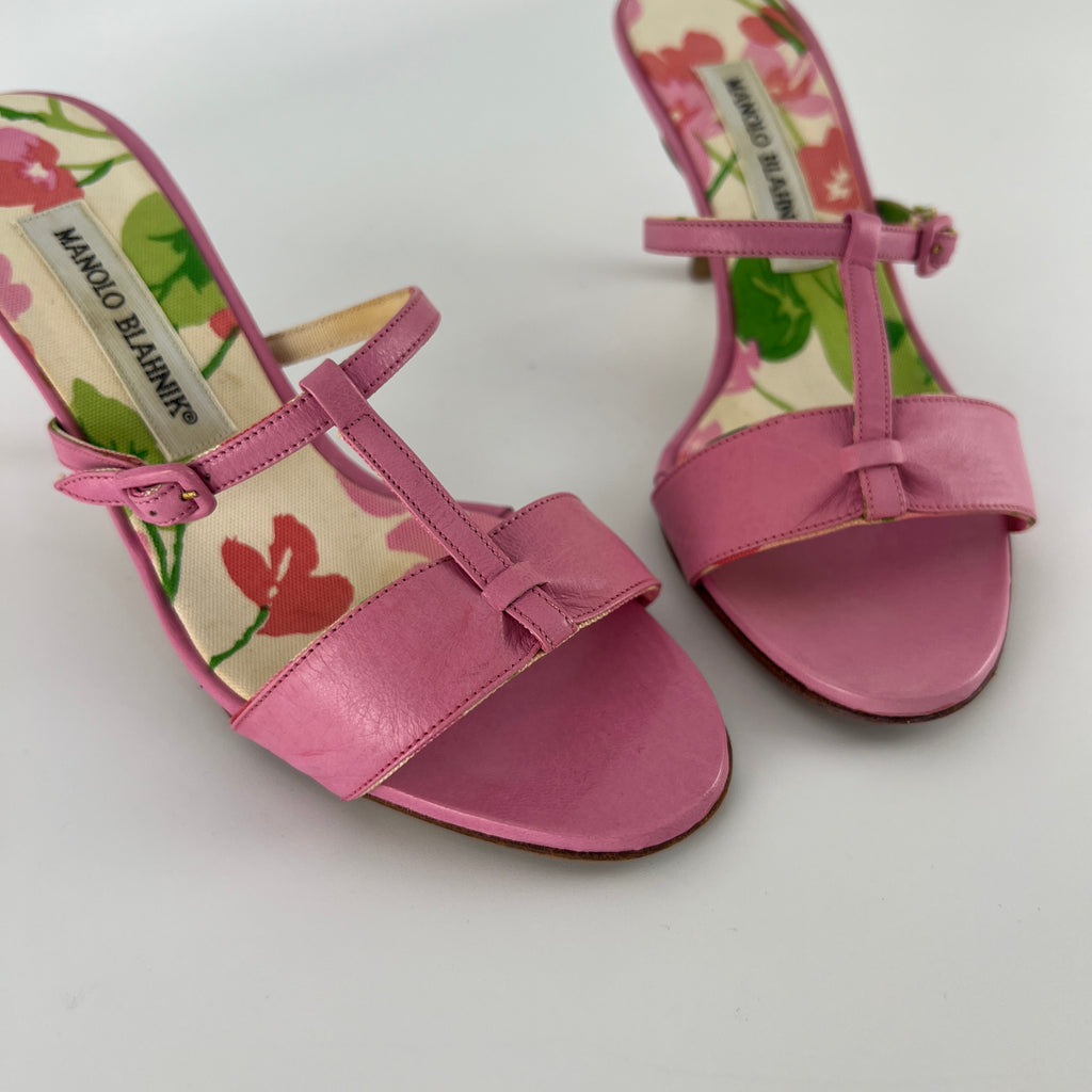 Manolo Blahnik | Floral Insole Pink Leather Dual Strap Dainty Buckle Heels (36)
