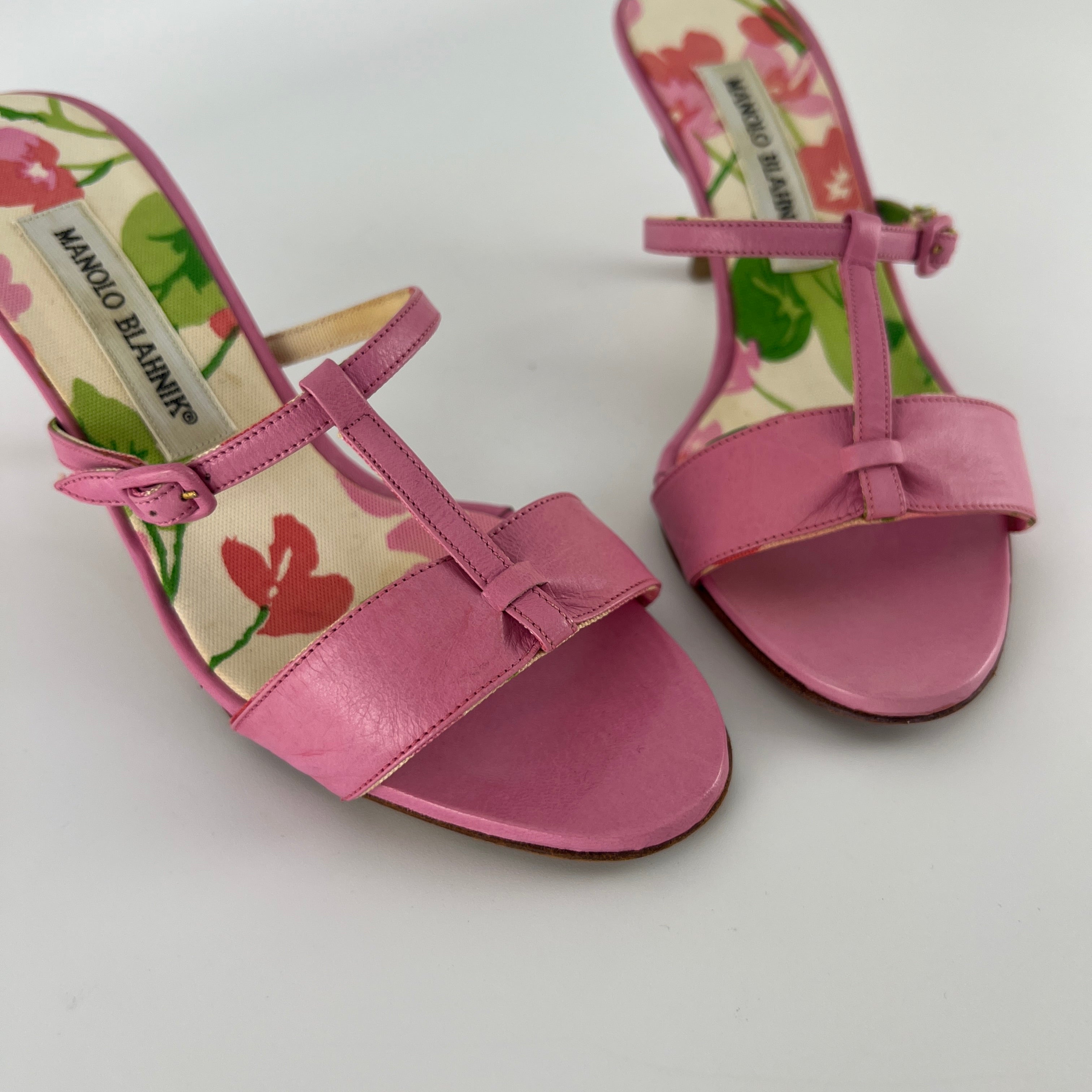 Manolo Blahnik | Floral Insole Pink Leather Dual Strap Dainty Buckle Heels (36)