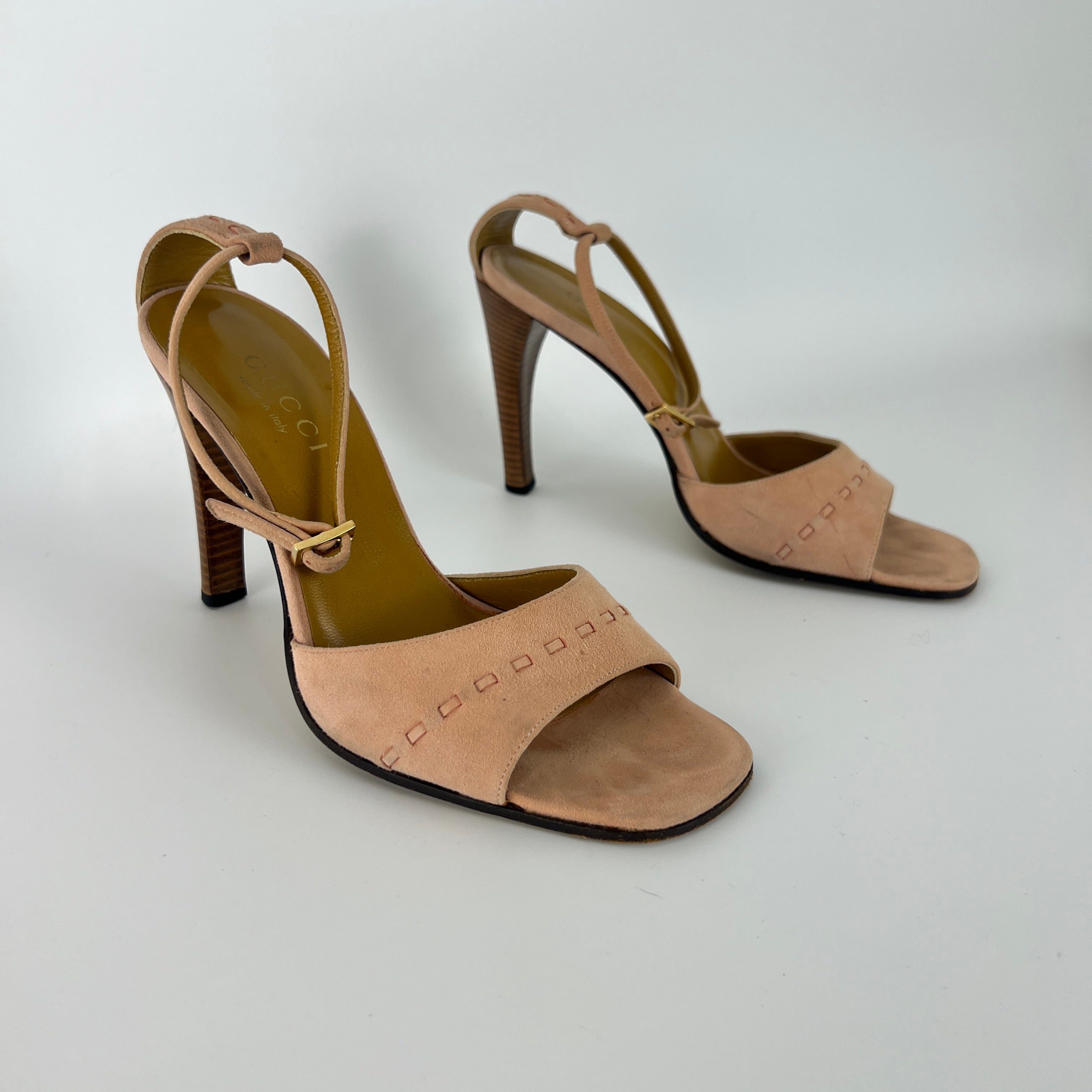 Gucci | Dusty Baby Pink Suede Leather Top Stitch Ankle Wrap Heels (7C / 37)