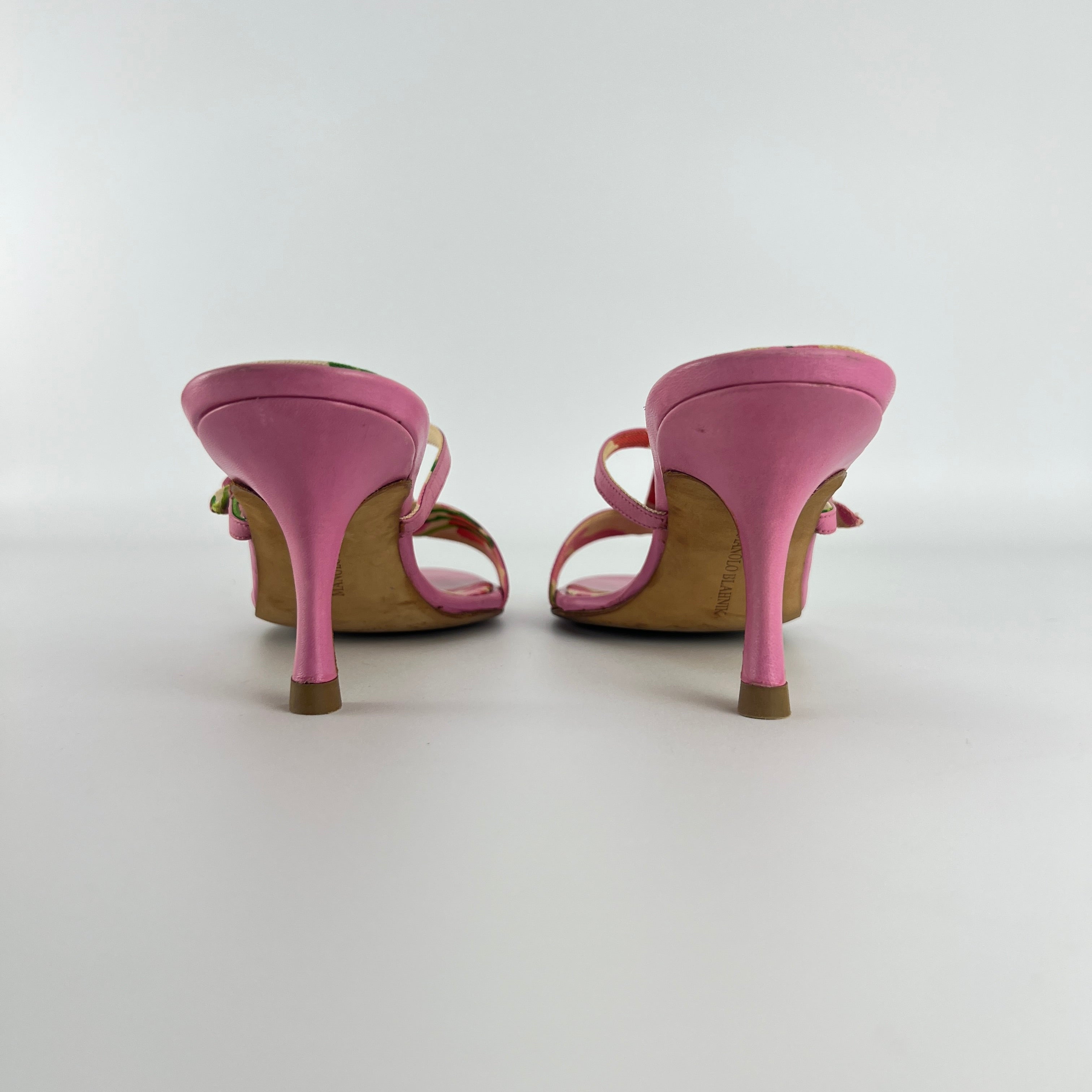 Manolo Blahnik | Floral Insole Pink Leather Dual Strap Dainty Buckle Heels (36)