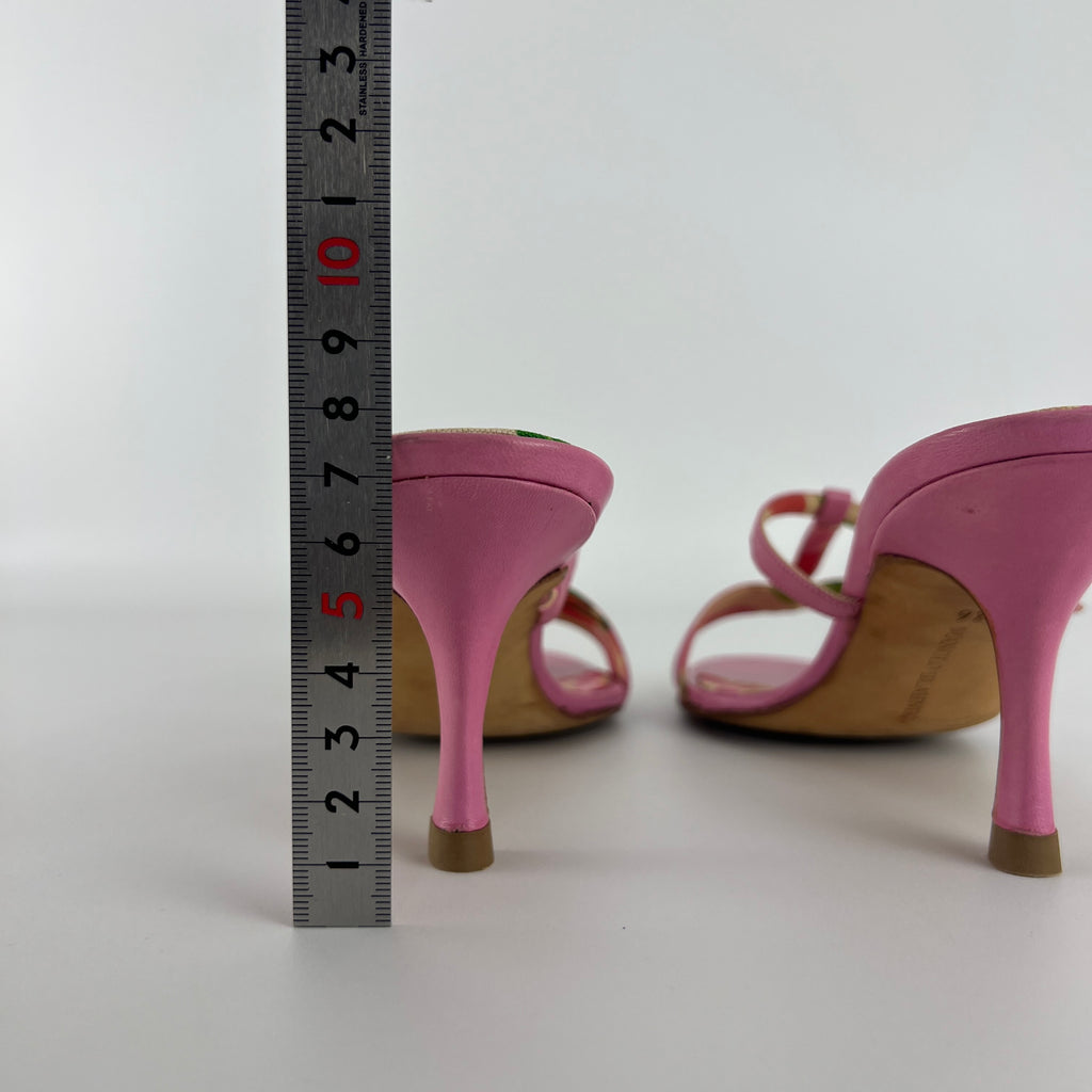 Manolo Blahnik | Floral Insole Pink Leather Dual Strap Dainty Buckle Heels (36)