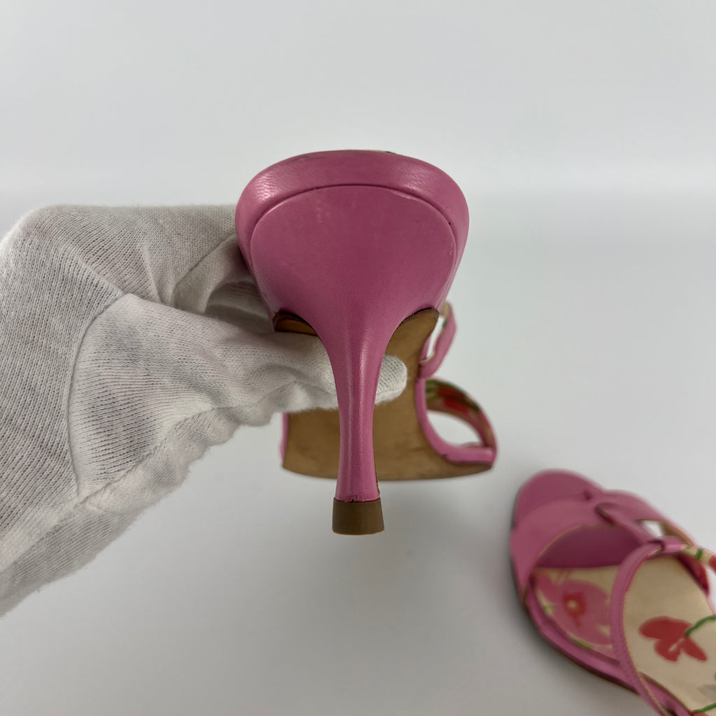 Manolo Blahnik | Floral Insole Pink Leather Dual Strap Dainty Buckle Heels (36)