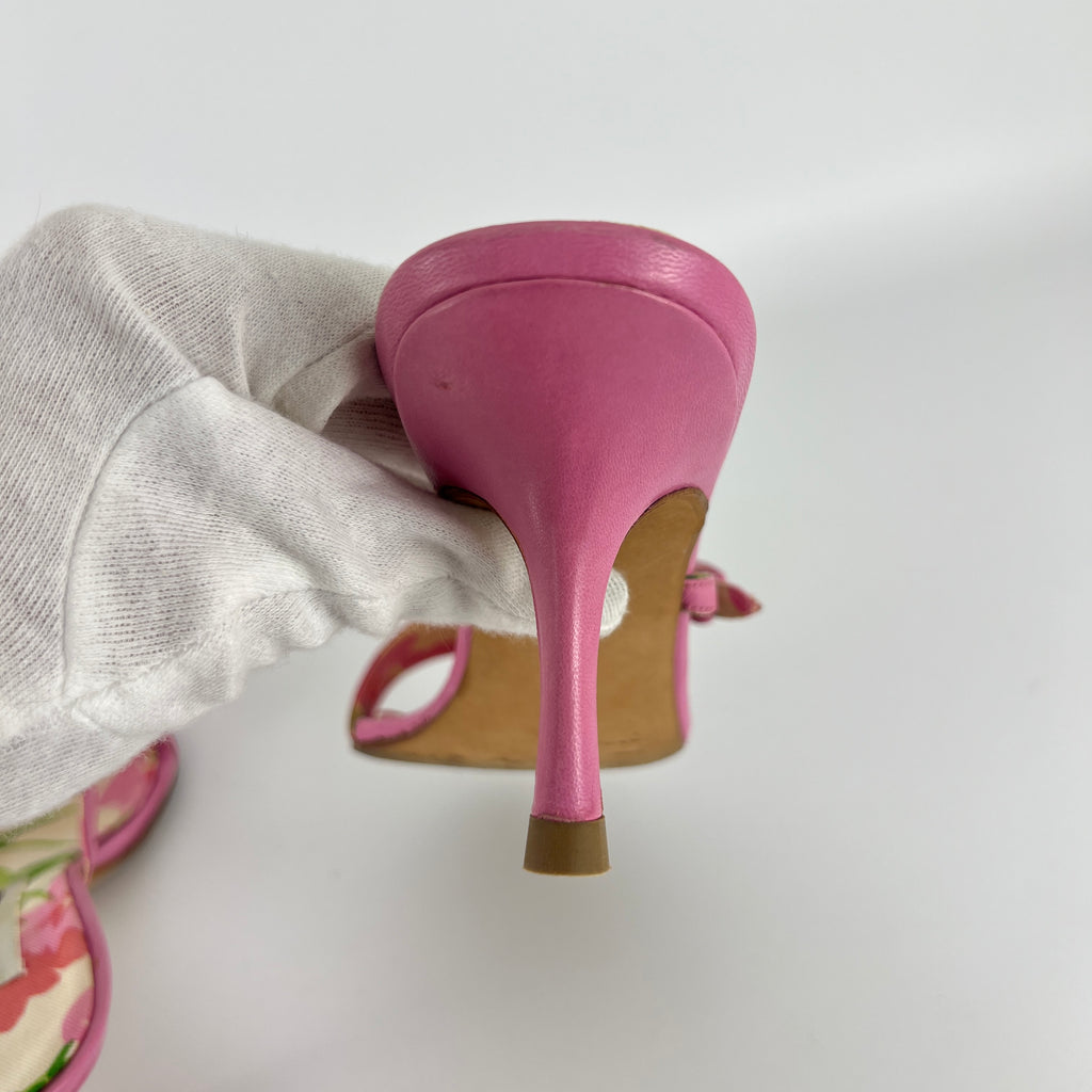 Manolo Blahnik | Floral Insole Pink Leather Dual Strap Dainty Buckle Heels (36)