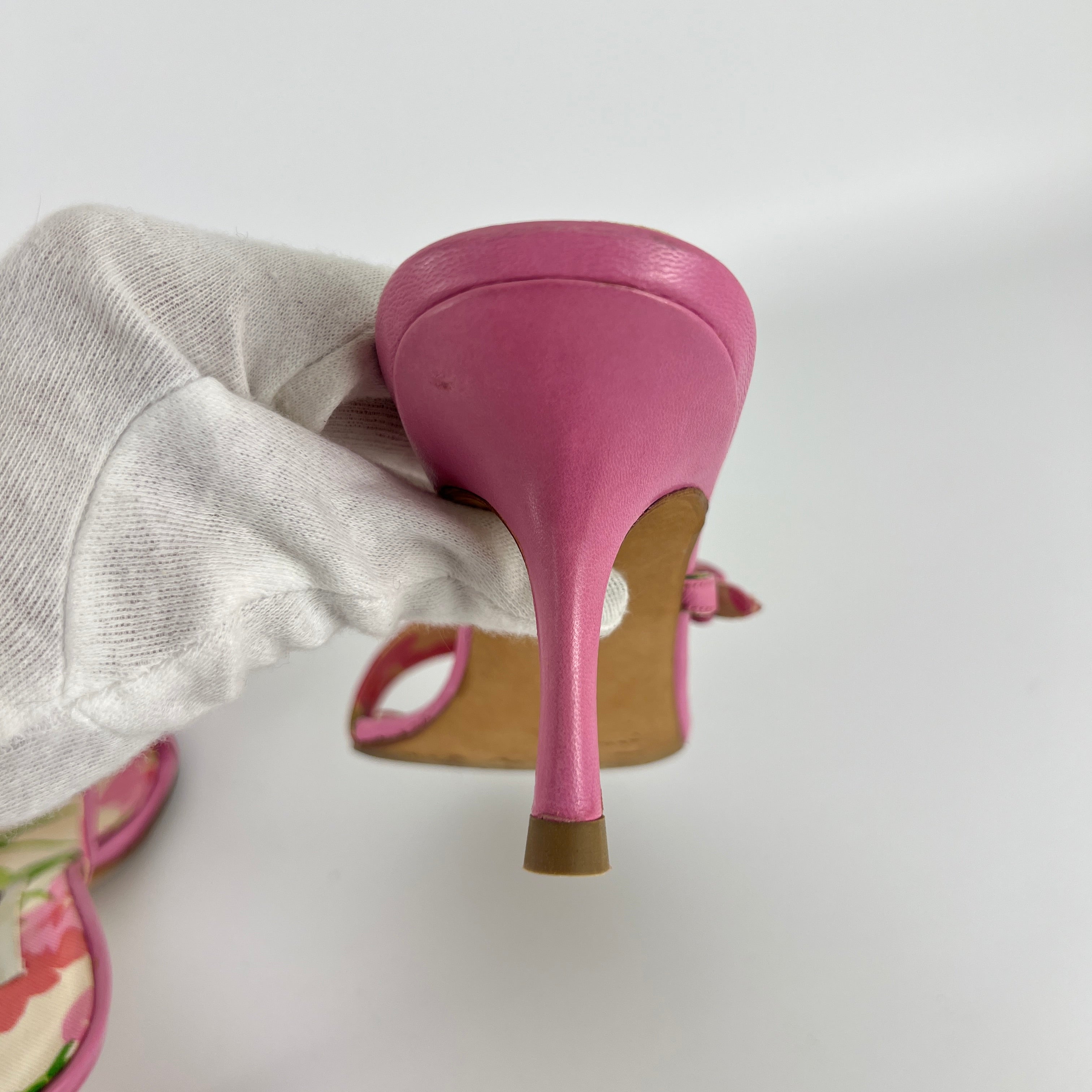 Manolo Blahnik | Floral Insole Pink Leather Dual Strap Dainty Buckle Heels (36)