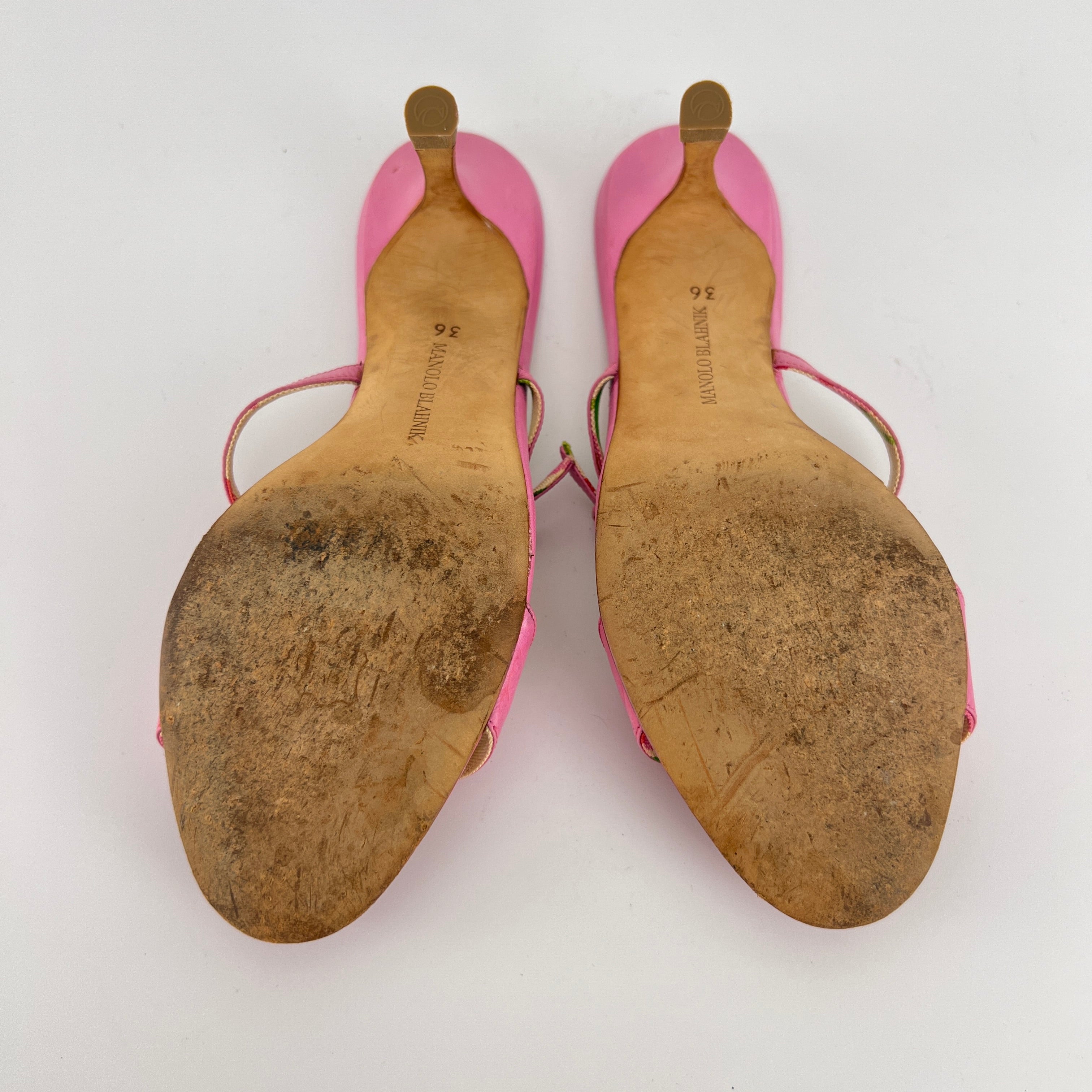 Manolo Blahnik | Floral Insole Pink Leather Dual Strap Dainty Buckle Heels (36)
