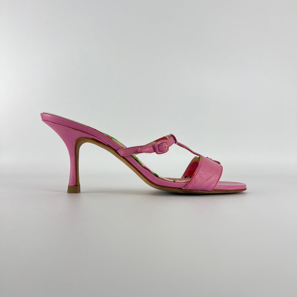 Manolo Blahnik | Floral Insole Pink Leather Dual Strap Dainty Buckle Heels (36)