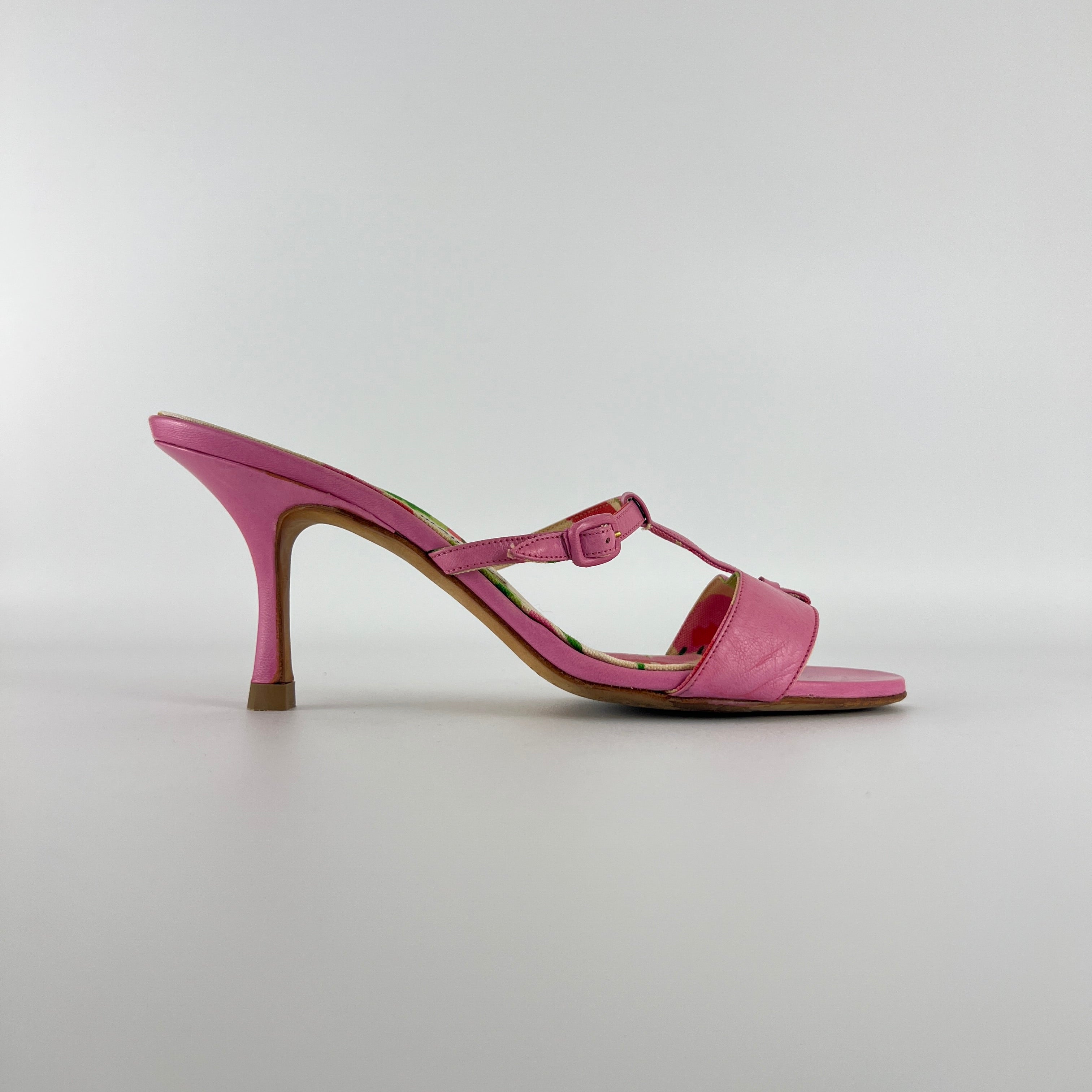 Manolo Blahnik | Floral Insole Pink Leather Dual Strap Dainty Buckle Heels (36)