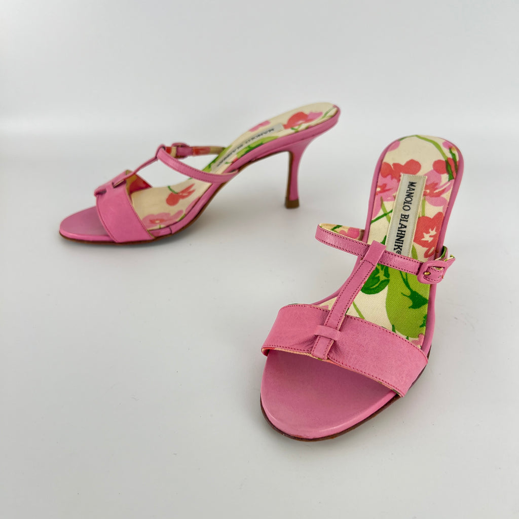 Manolo Blahnik | Floral Insole Pink Leather Dual Strap Dainty Buckle Heels (36)