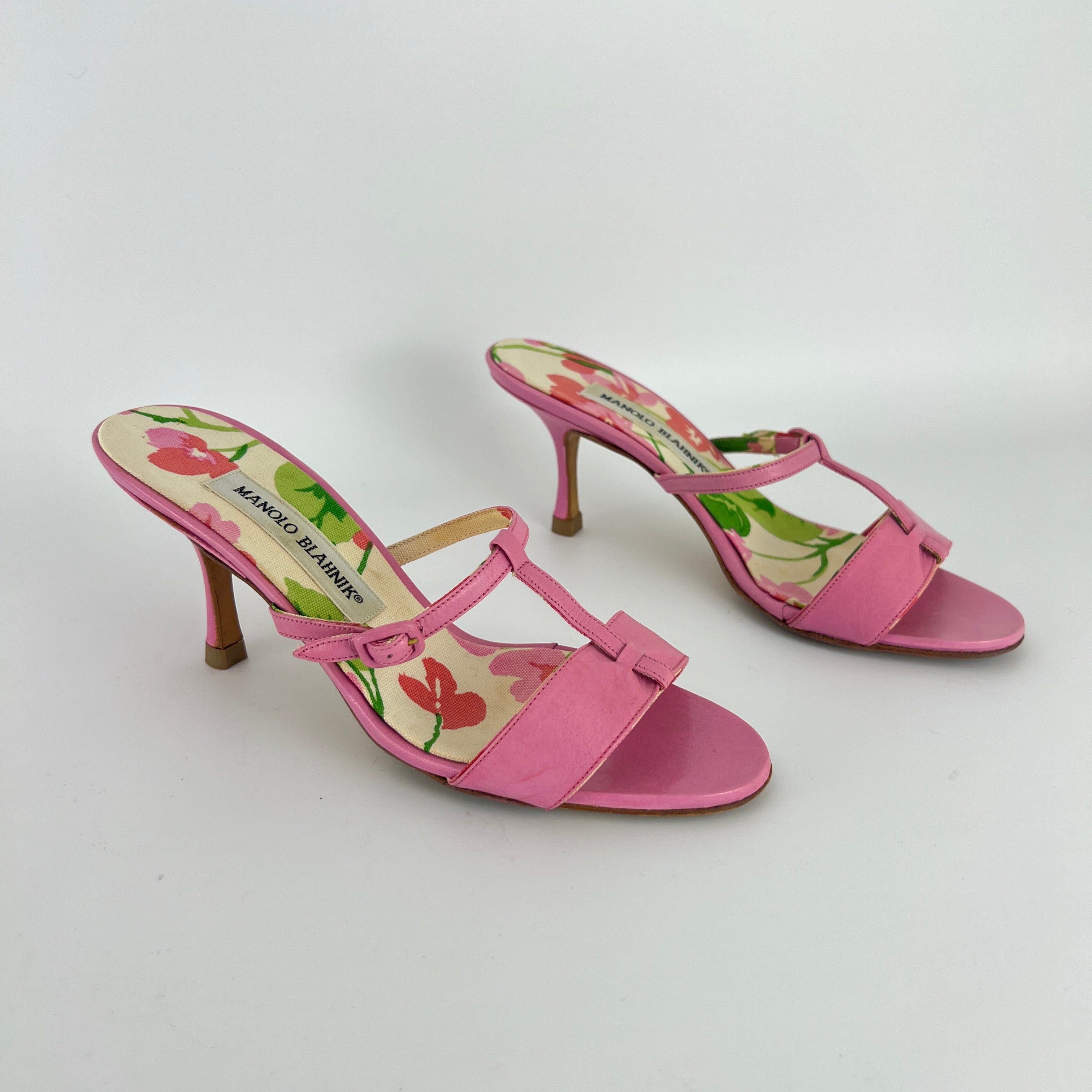 Manolo Blahnik | Floral Insole Pink Leather Dual Strap Dainty Buckle Heels (36)