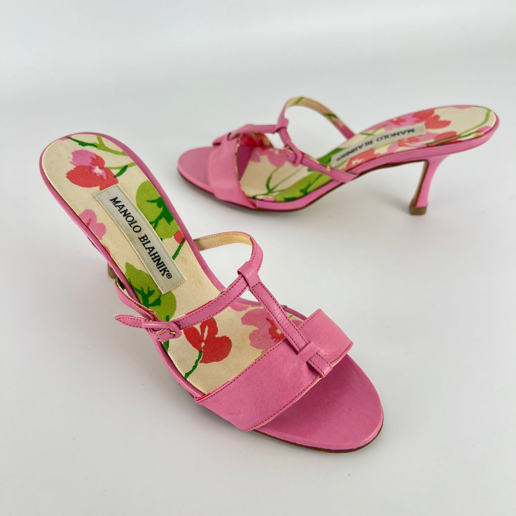 Manolo Blahnik | Floral Insole Pink Leather Dual Strap Dainty Buckle Heels (36)