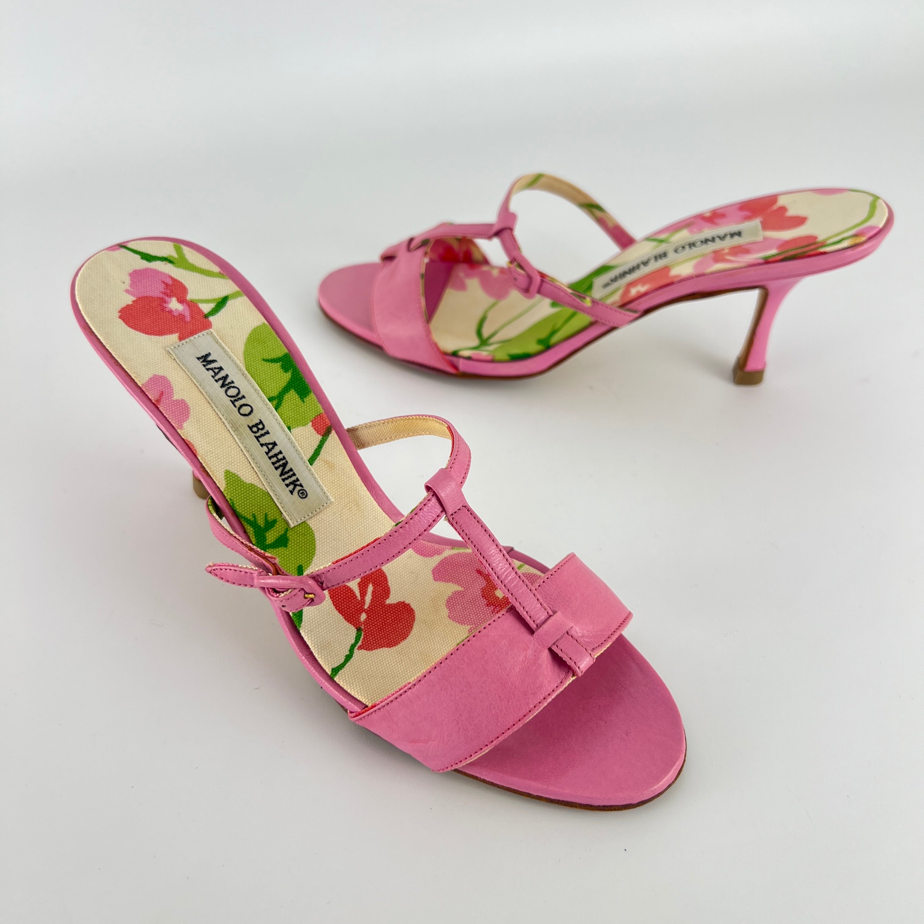 Manolo Blahnik | Floral Insole Pink Leather Dual Strap Dainty Buckle Heels (36)