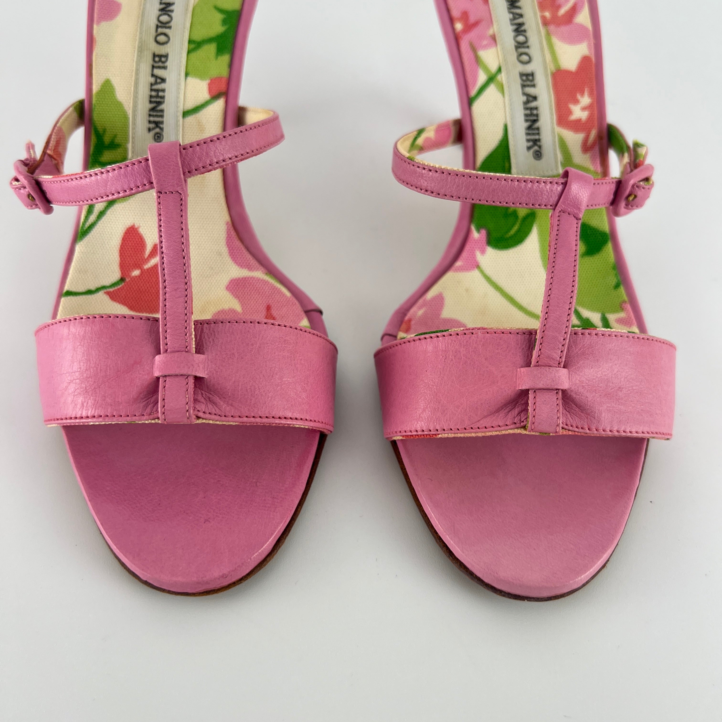 Manolo Blahnik | Floral Insole Pink Leather Dual Strap Dainty Buckle Heels (36)