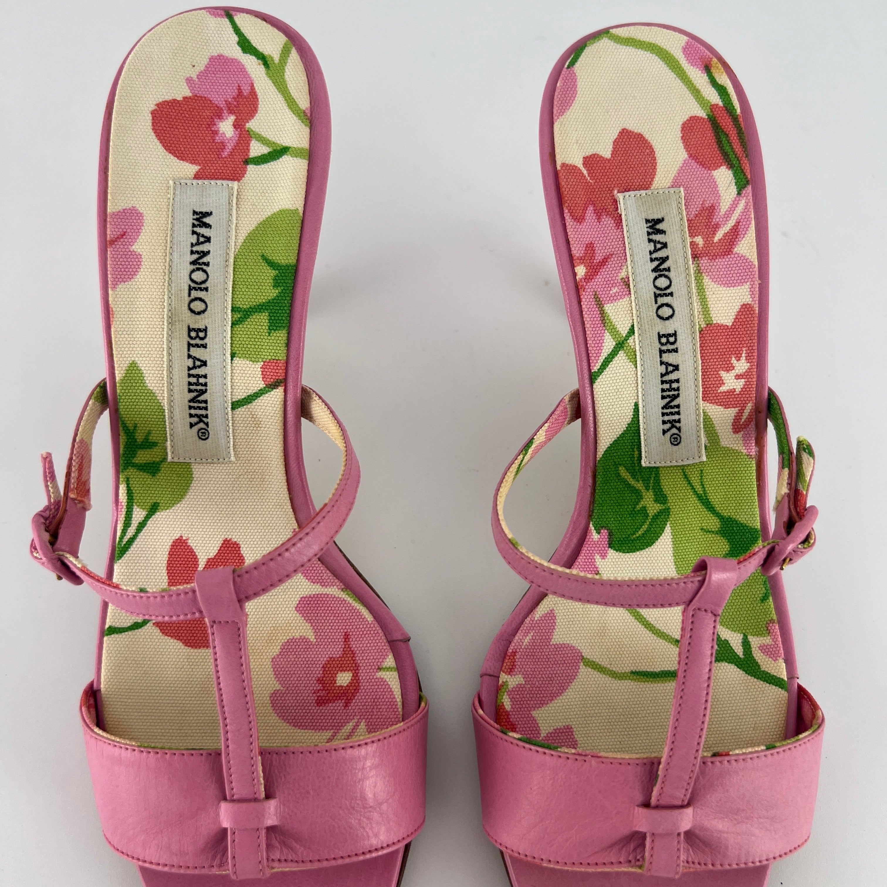 Manolo Blahnik | Floral Insole Pink Leather Dual Strap Dainty Buckle Heels (36)