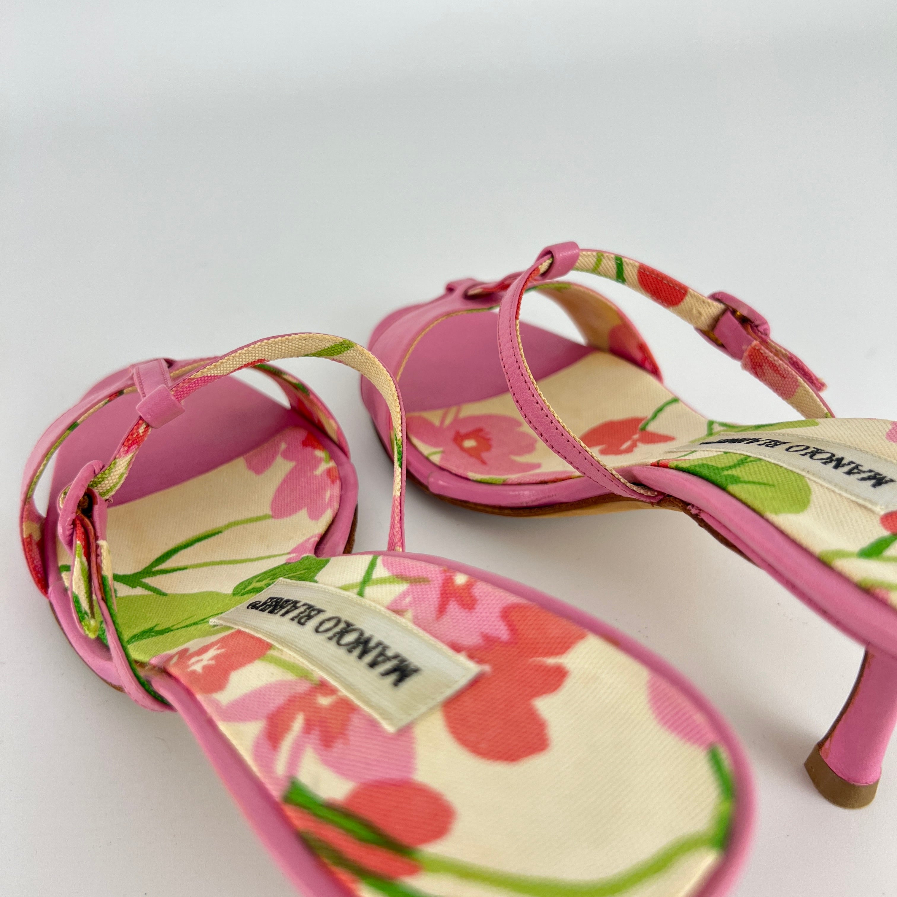 Manolo Blahnik | Floral Insole Pink Leather Dual Strap Dainty Buckle Heels (36)