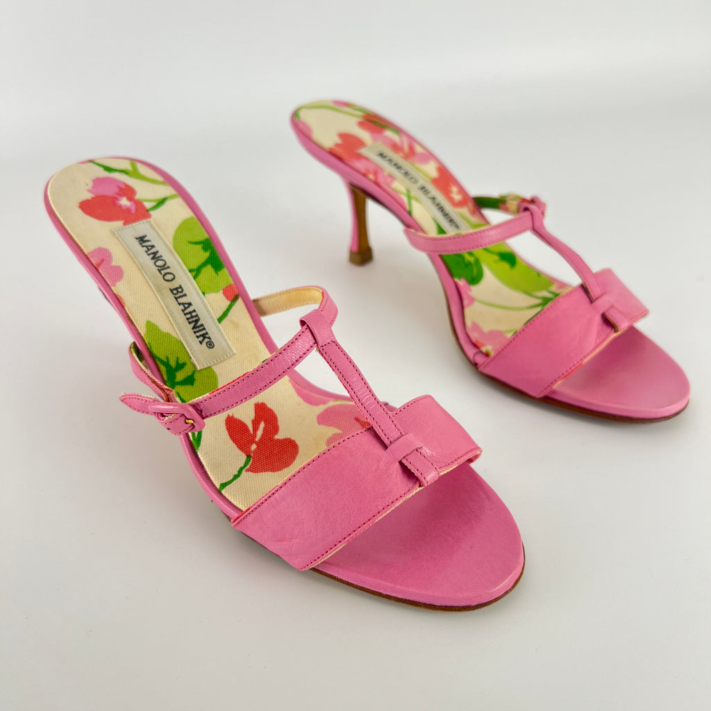 Manolo Blahnik | Floral Insole Pink Leather Dual Strap Dainty Buckle Heels (36)