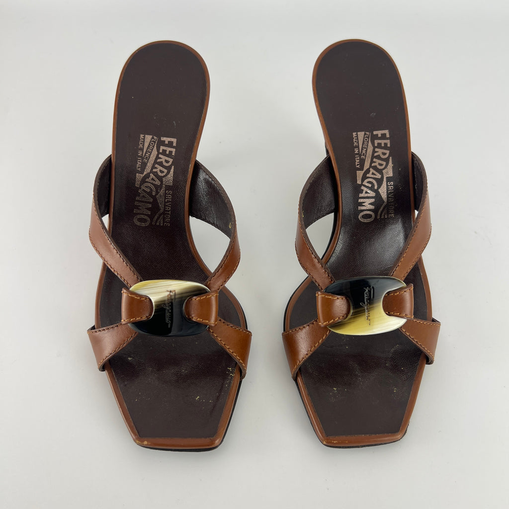 Ferragamo | Brown Leather Logo Horn Plate Dual Strap Mules (37.5)