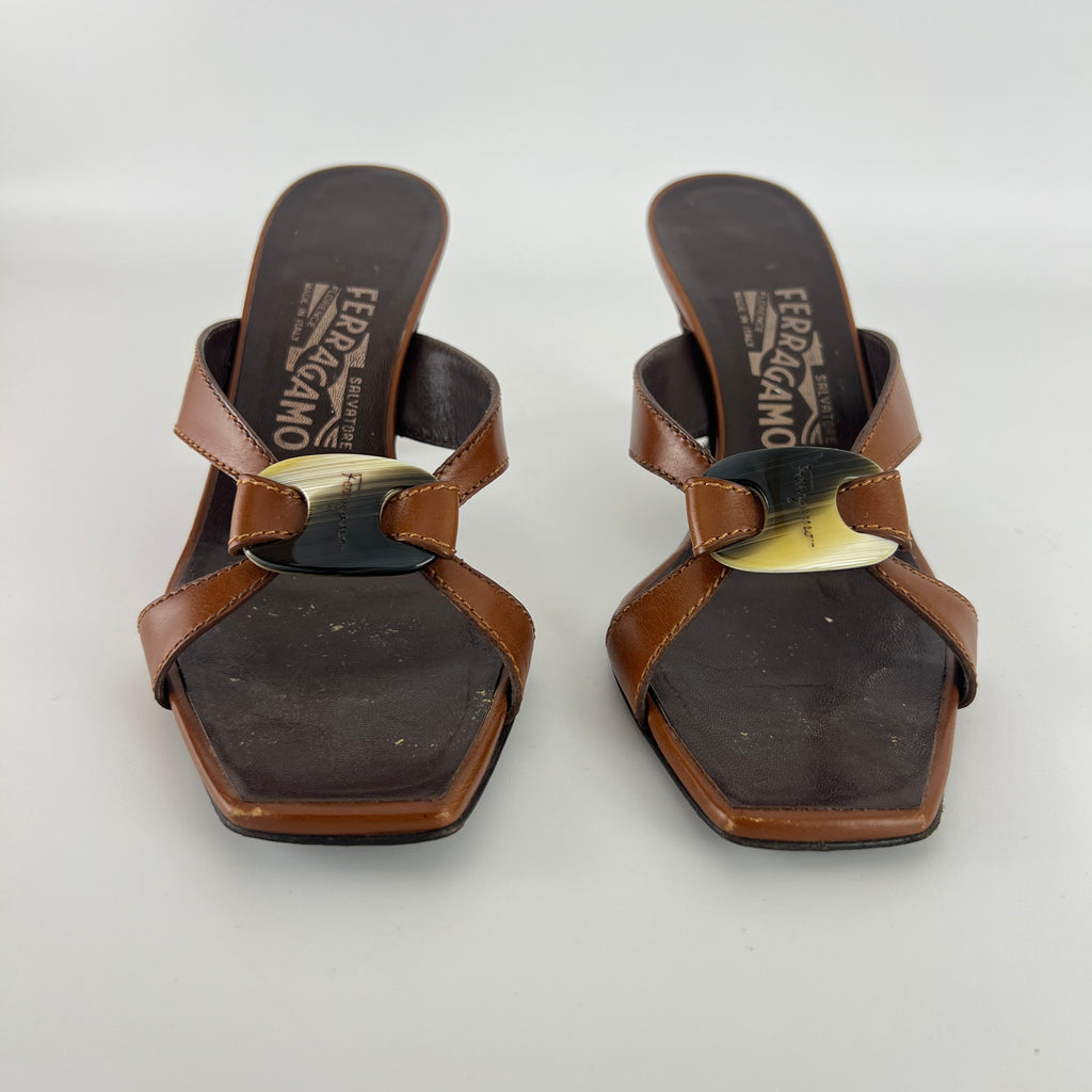 Ferragamo | Brown Leather Logo Horn Plate Dual Strap Mules (37.5)
