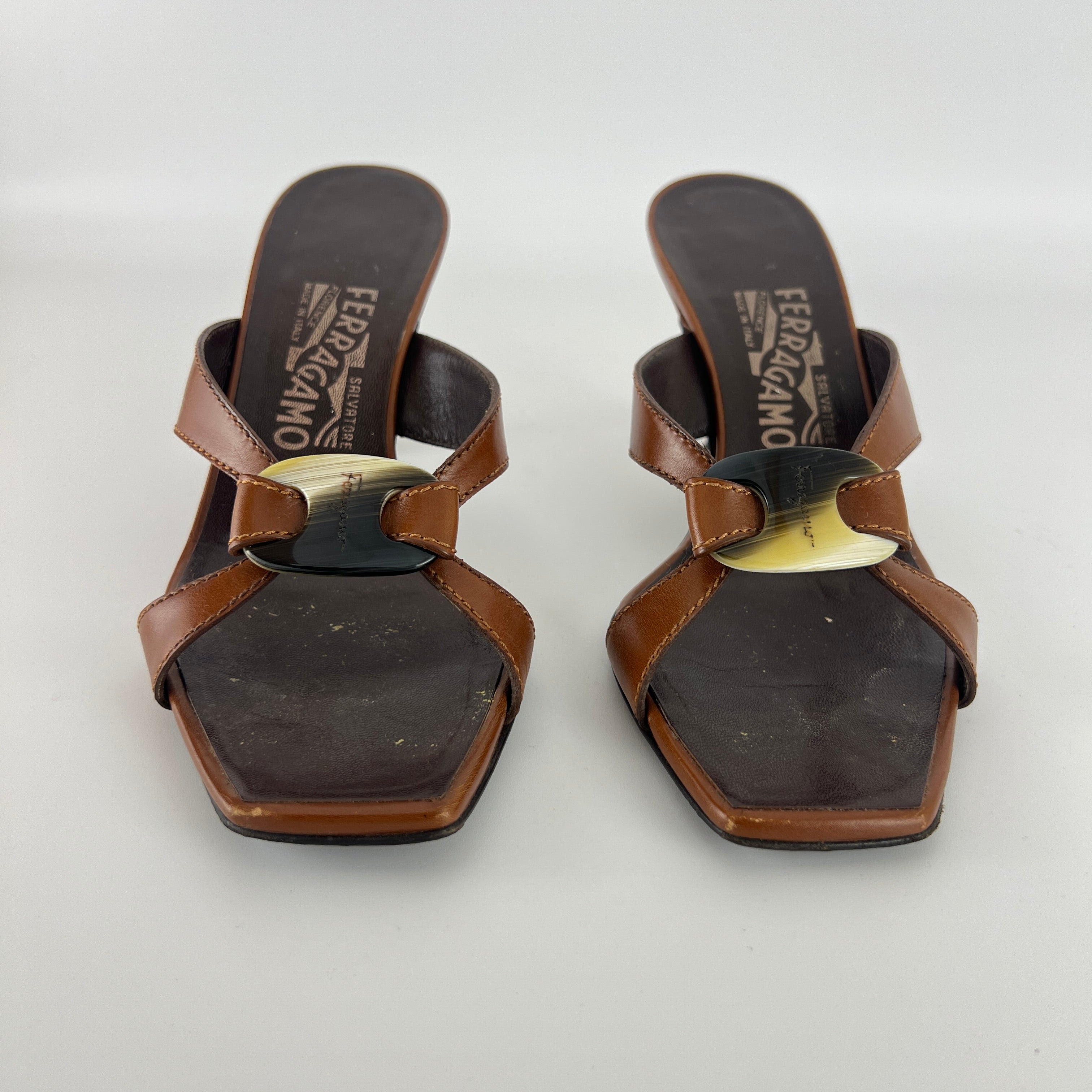 Ferragamo | Brown Leather Logo Horn Plate Dual Strap Mules (37.5)