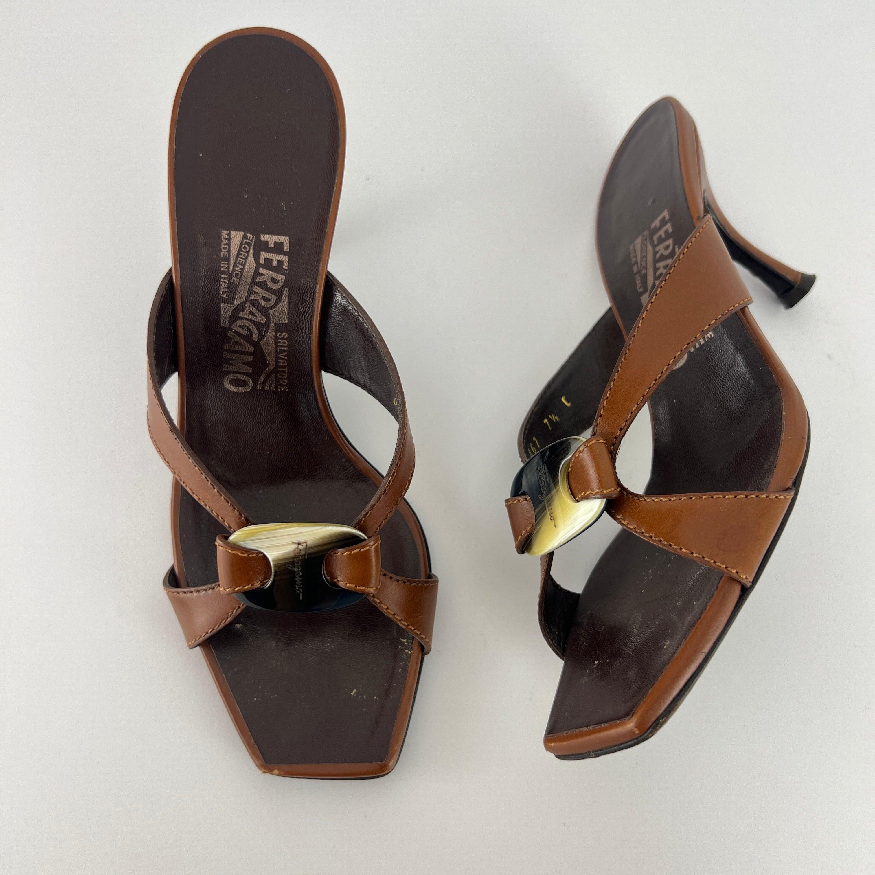 Ferragamo | Brown Leather Logo Horn Plate Dual Strap Mules (37.5)
