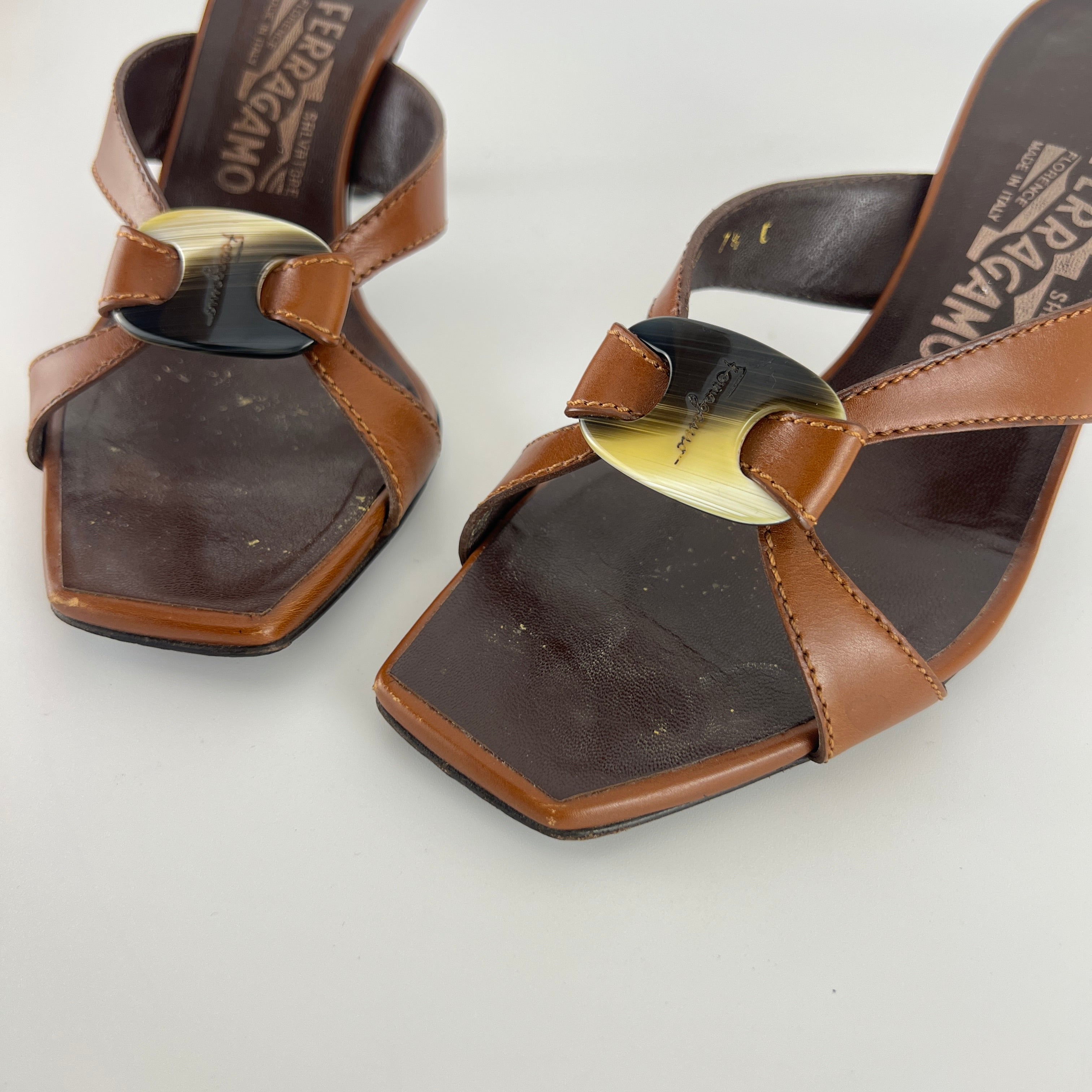 Ferragamo | Brown Leather Logo Horn Plate Dual Strap Mules (37.5)