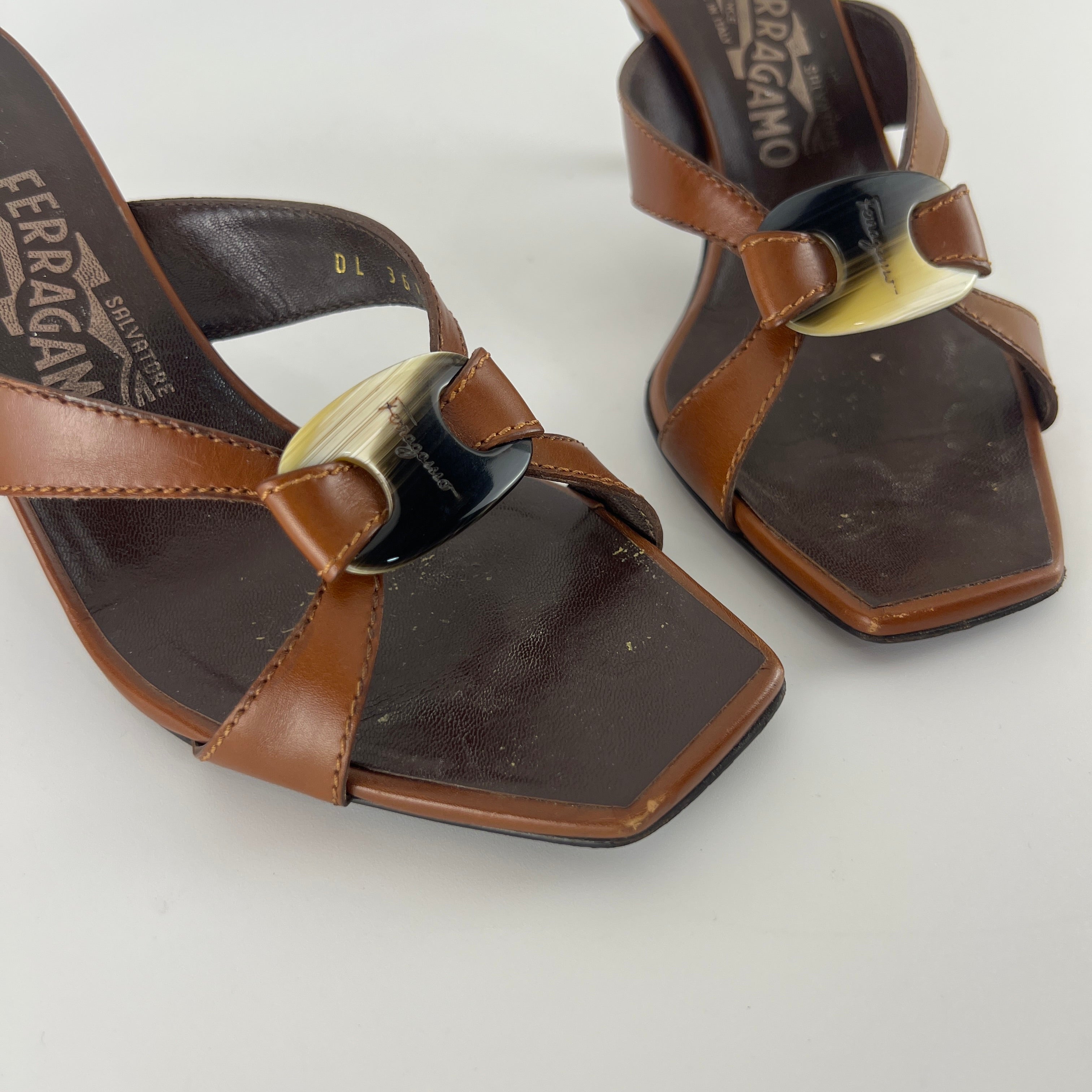 Ferragamo | Brown Leather Logo Horn Plate Dual Strap Mules (37.5)