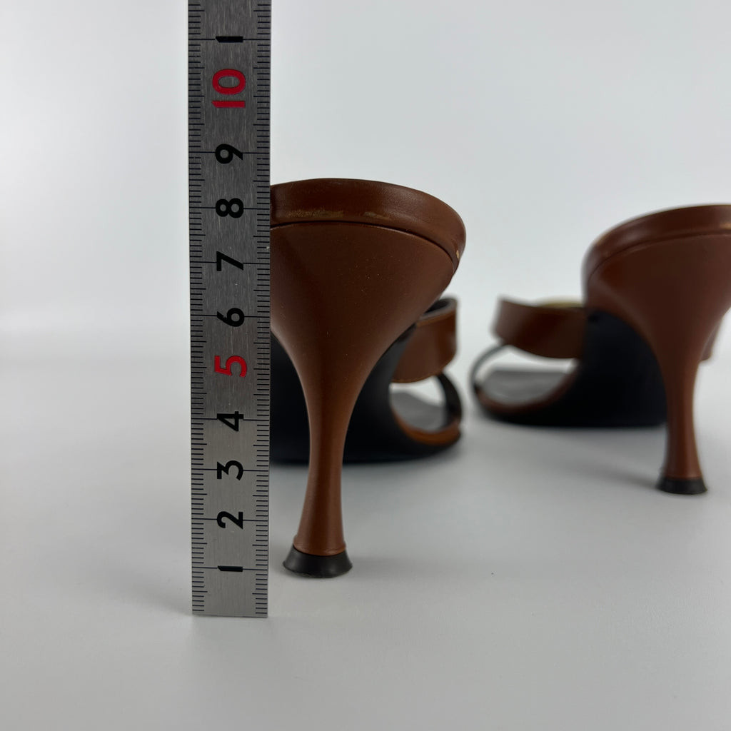 Ferragamo | Brown Leather Logo Horn Plate Dual Strap Mules (37.5)