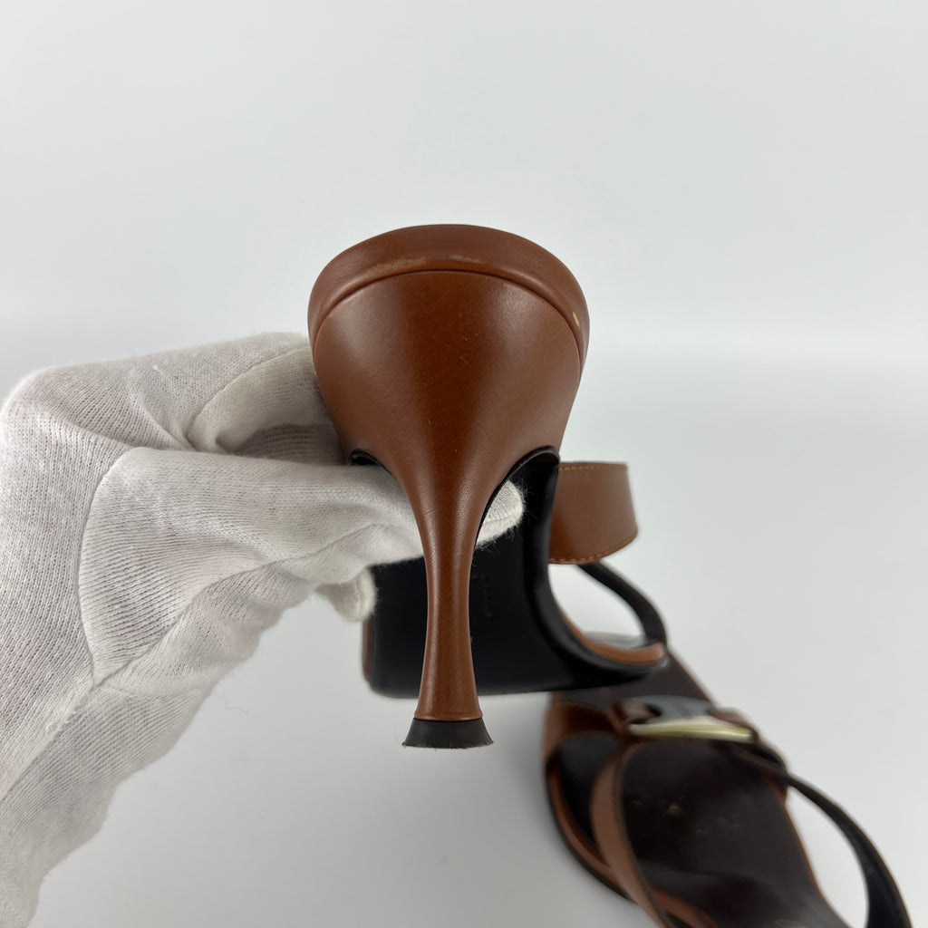 Ferragamo | Brown Leather Logo Horn Plate Dual Strap Mules (37.5)