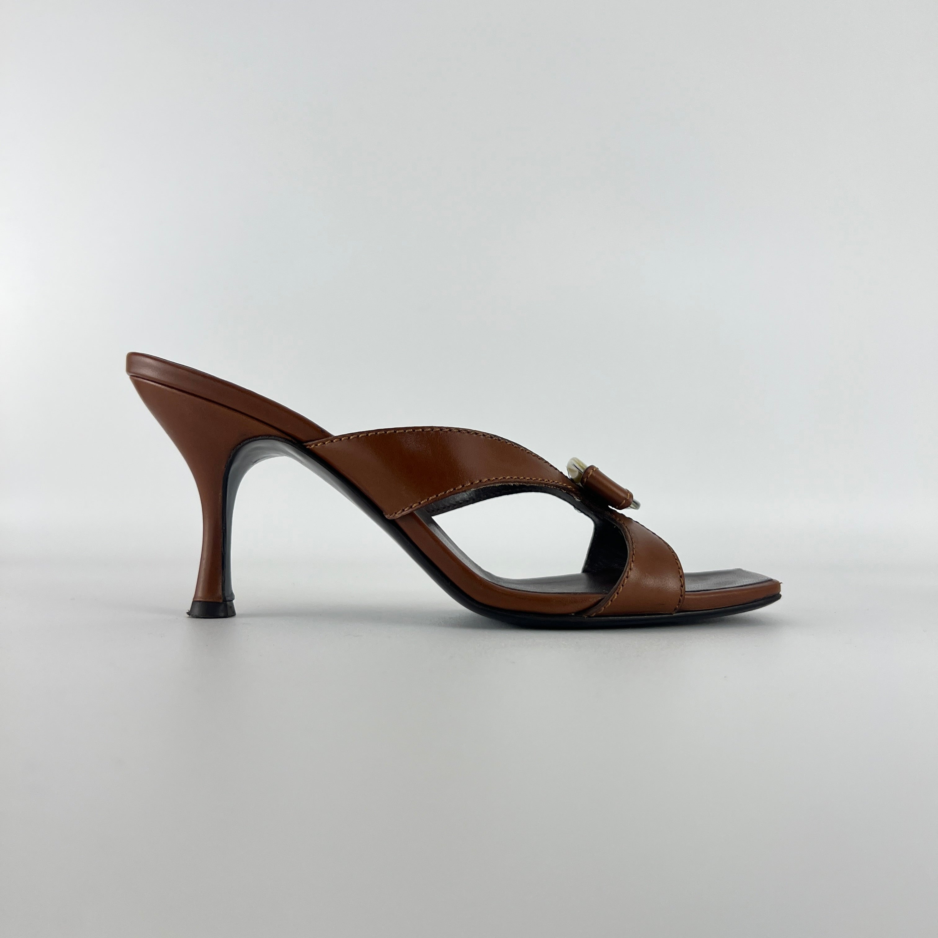 Ferragamo | Brown Leather Logo Horn Plate Dual Strap Mules (37.5)
