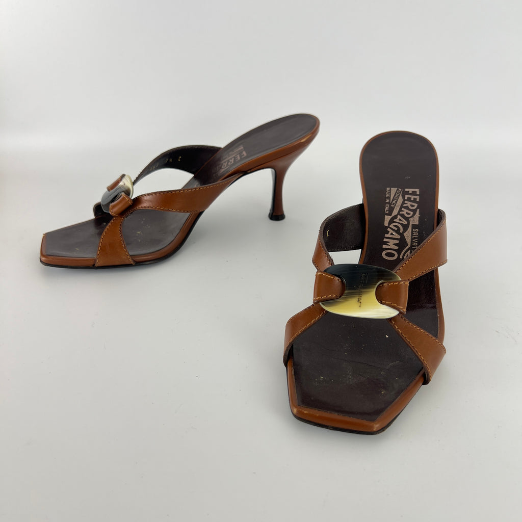 Ferragamo | Brown Leather Logo Horn Plate Dual Strap Mules (37.5)