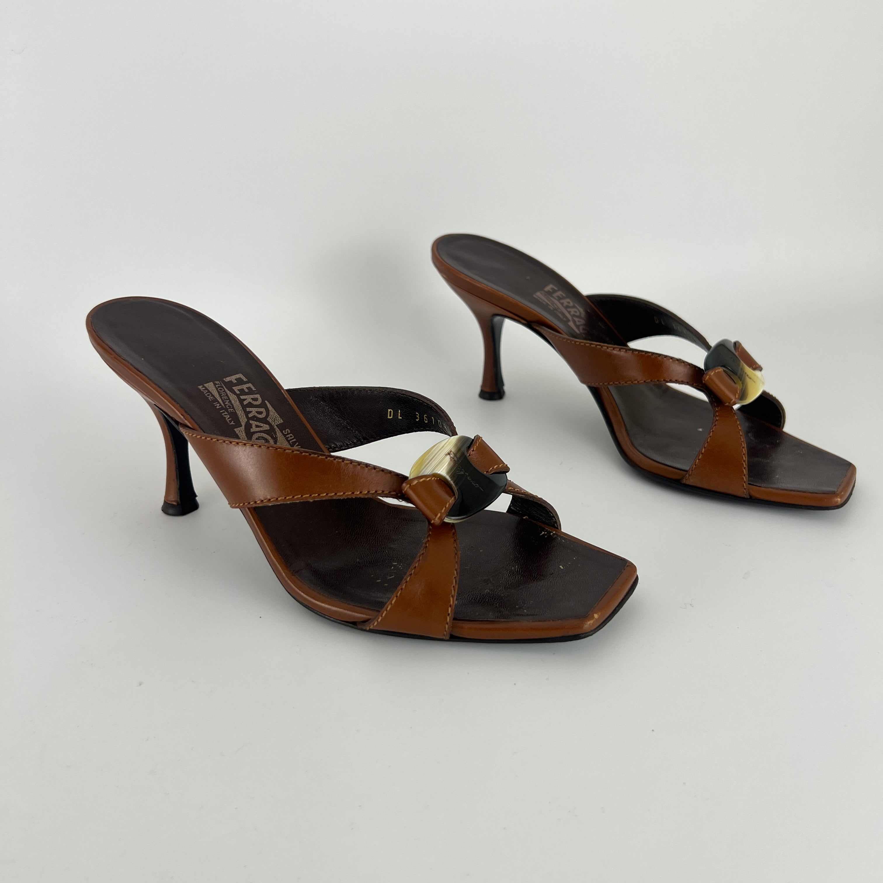 Ferragamo | Brown Leather Logo Horn Plate Dual Strap Mules (37.5)