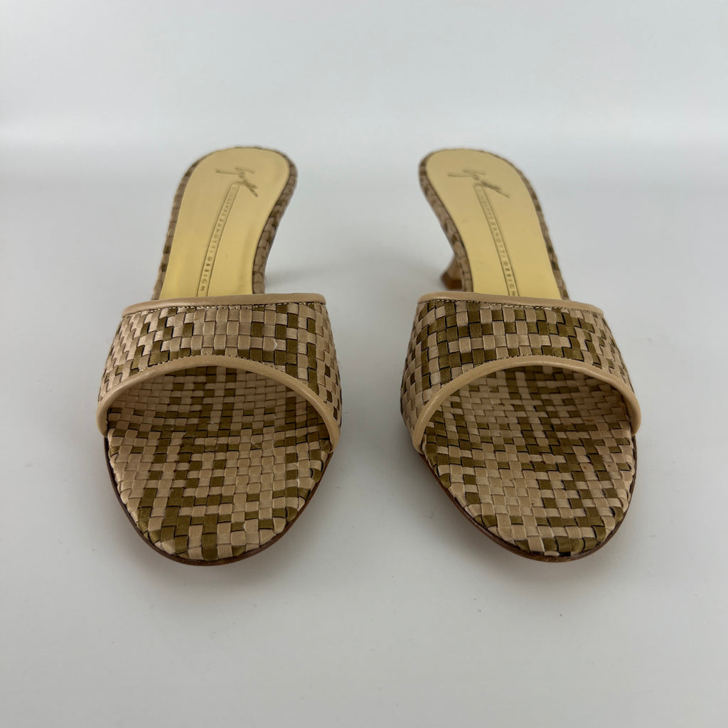 Giuseppe Zanotti | Beige Woven Intrecciato Mid Heel Open Toe Mules (38)